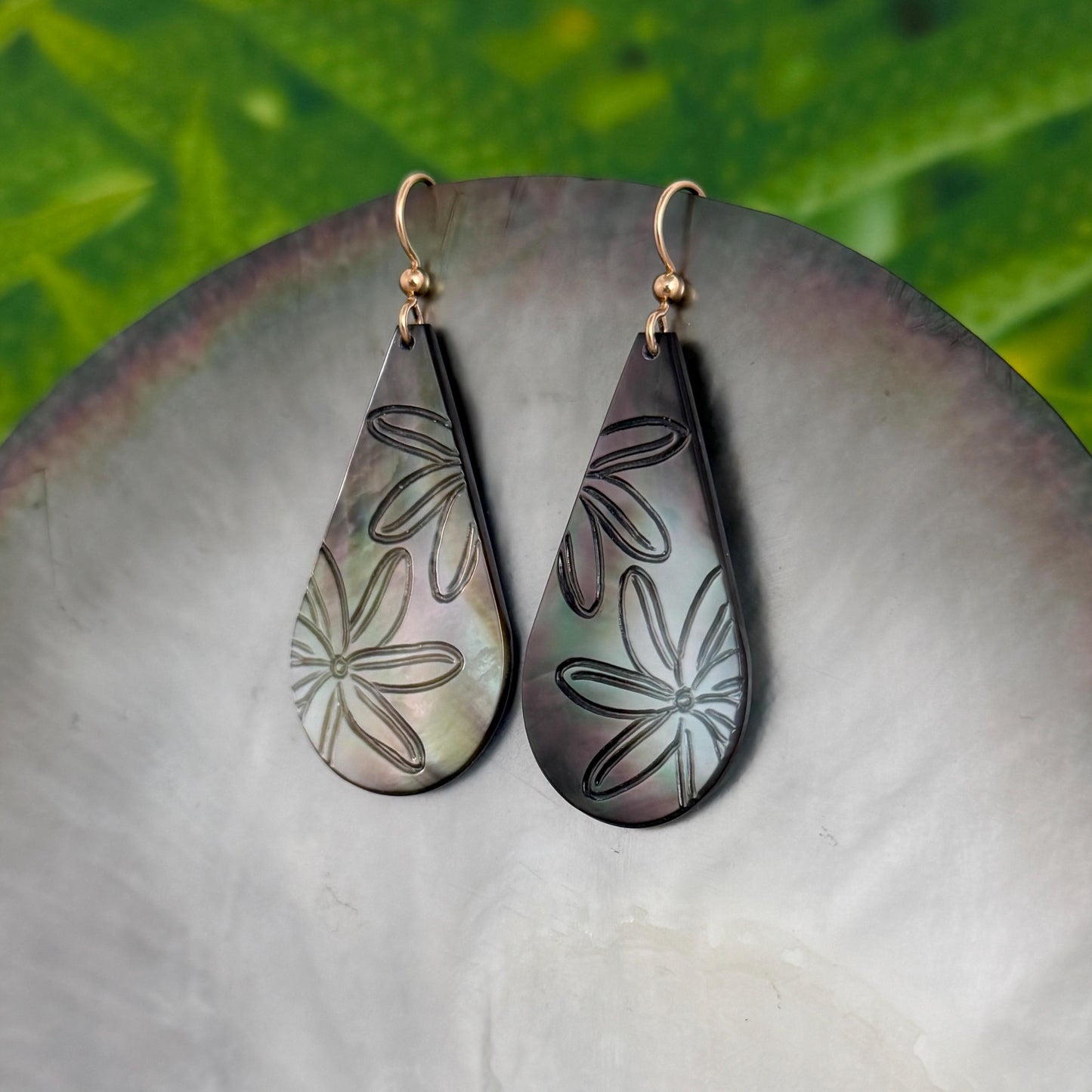 Hand Carved Mother of Pearl Tiare Earrings • Hawaiian Jewelry