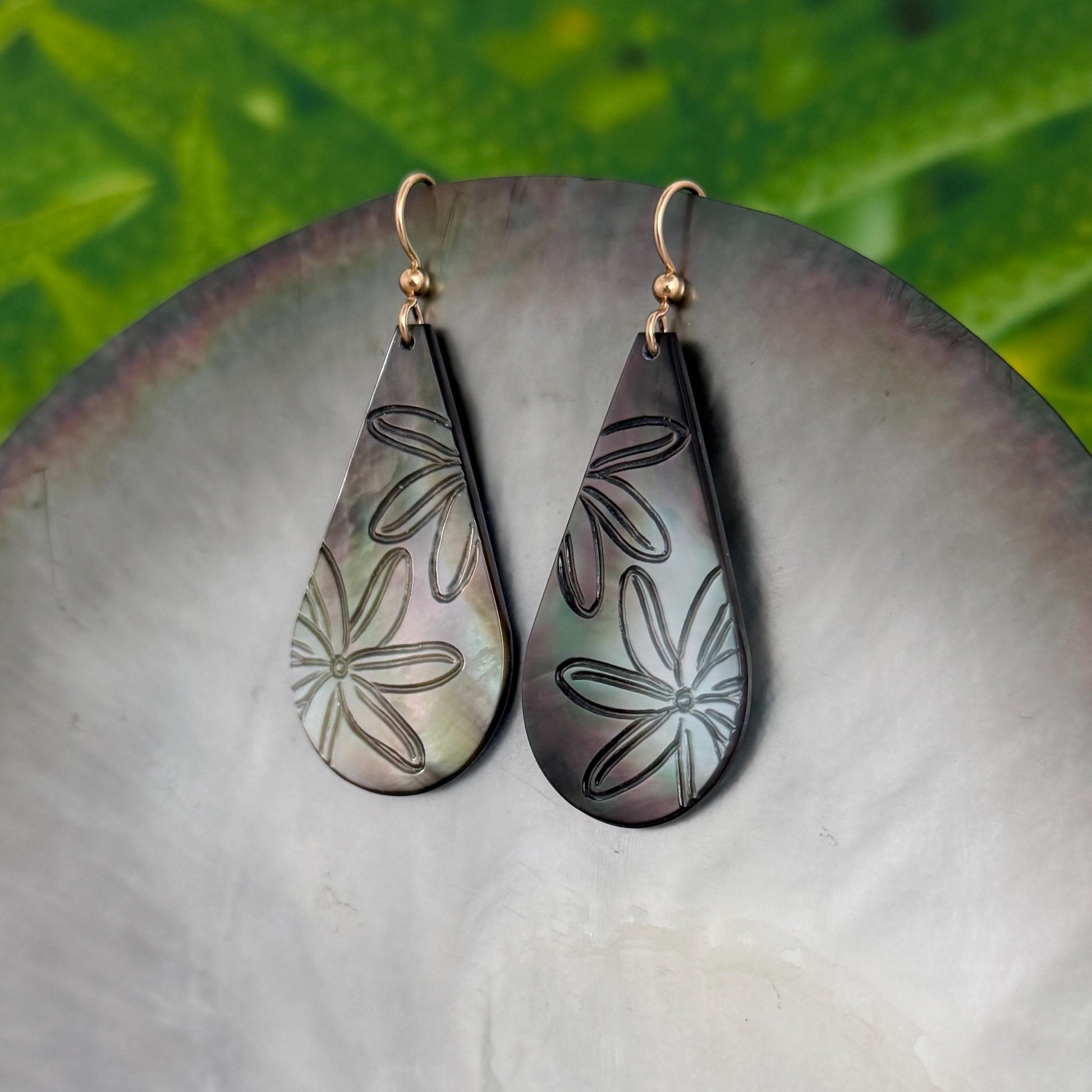 Hand Carved Mother of Pearl Tiare Earrings • Hawaiian Jewelry