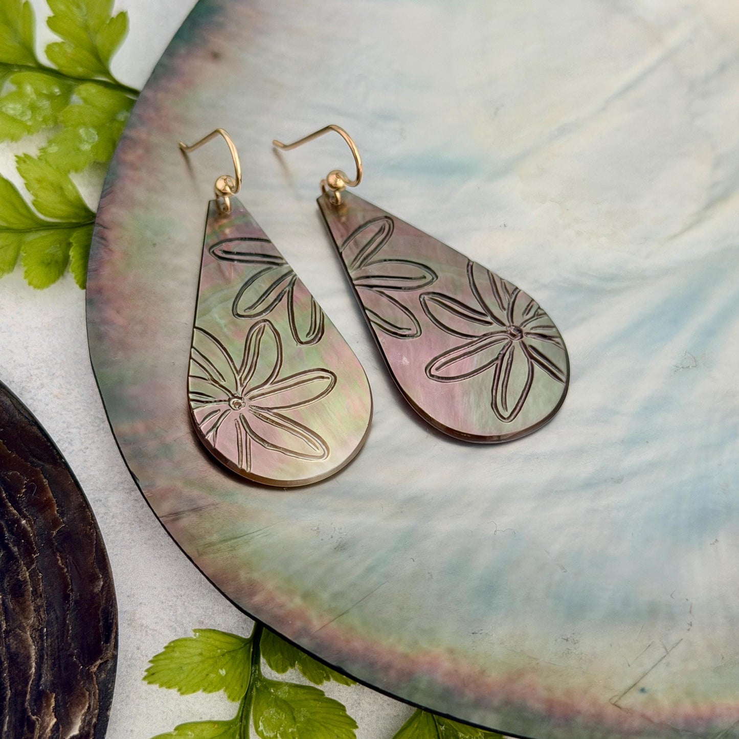 Hand Carved Mother of Pearl Tiare Earrings • Hawaiian Jewelry