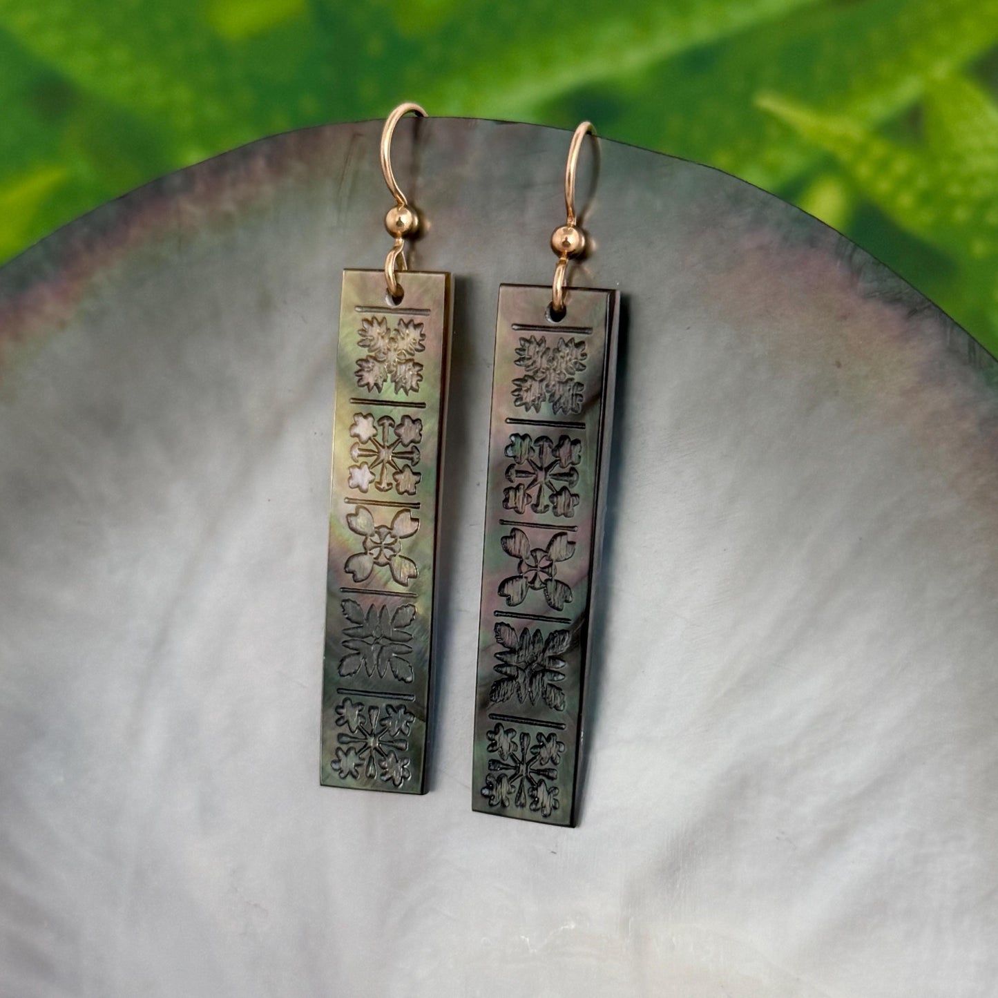 Hand Carved Mother of Pearl Quilt Earrings • Hawaiian Jewelry