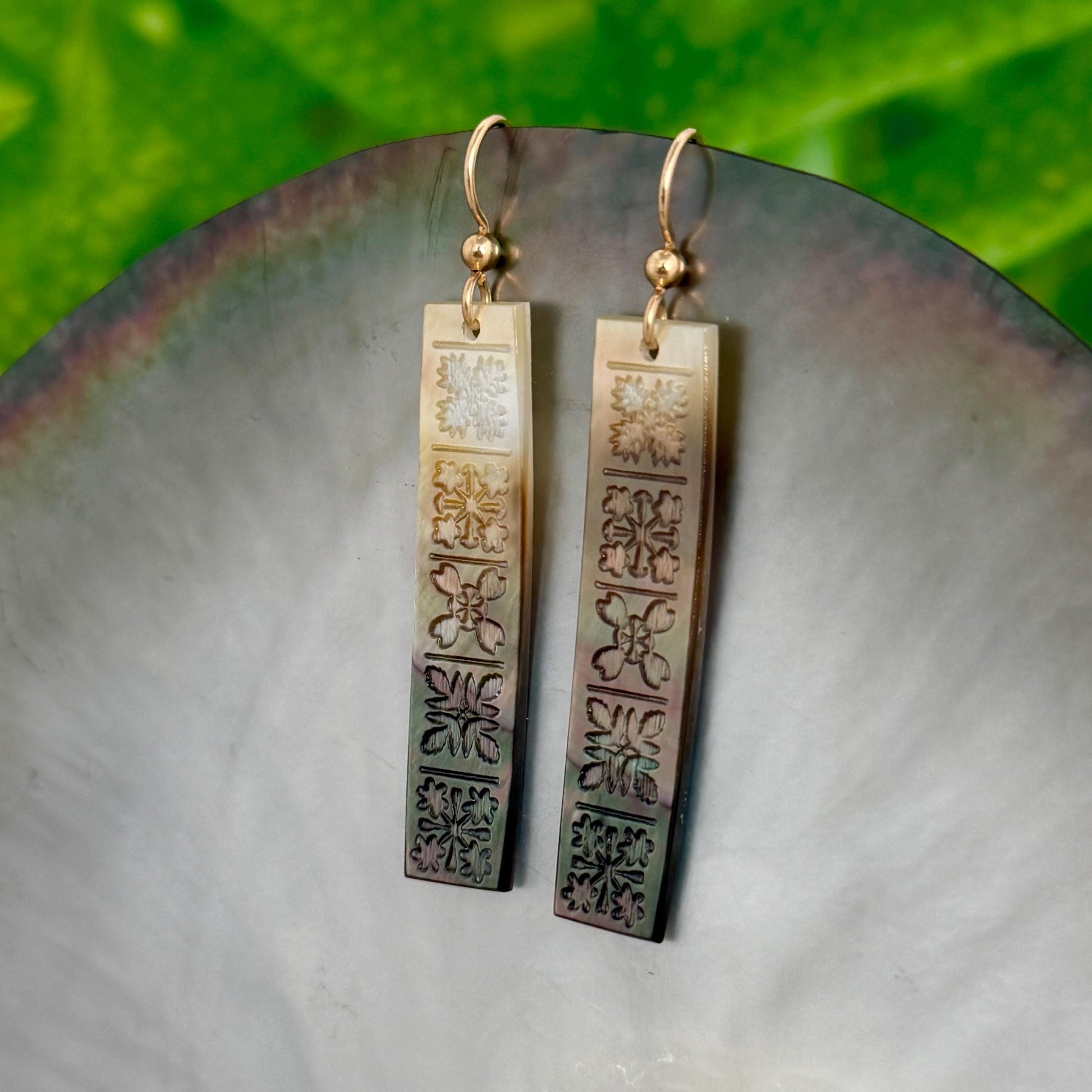 Hand Carved Mother of Pearl Quilt Earrings • Hawaiian Jewelry