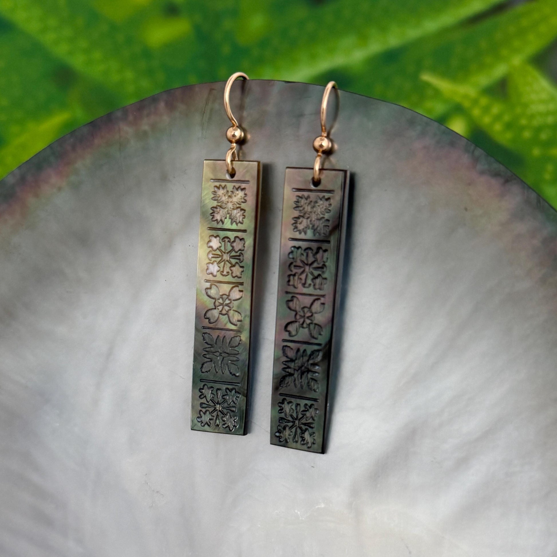 Hand Carved Mother of Pearl Quilt Earrings • Hawaiian Jewelry