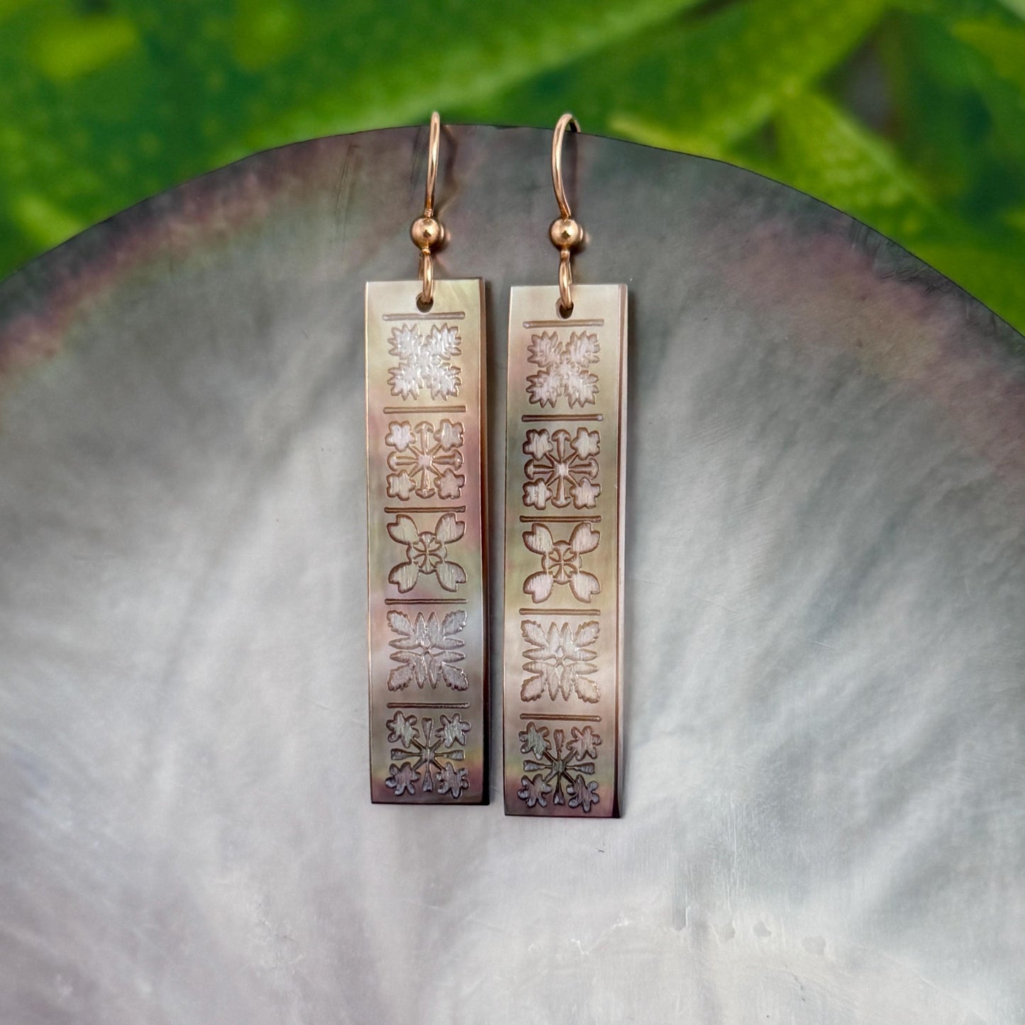 Hand Carved Mother of Pearl Quilt Earrings • Hawaiian Jewelry
