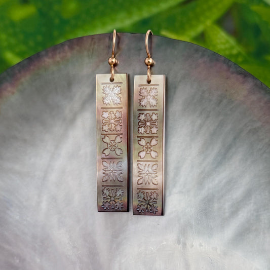 Hand Carved Mother of Pearl Quilt Earrings • Hawaiian Jewelry