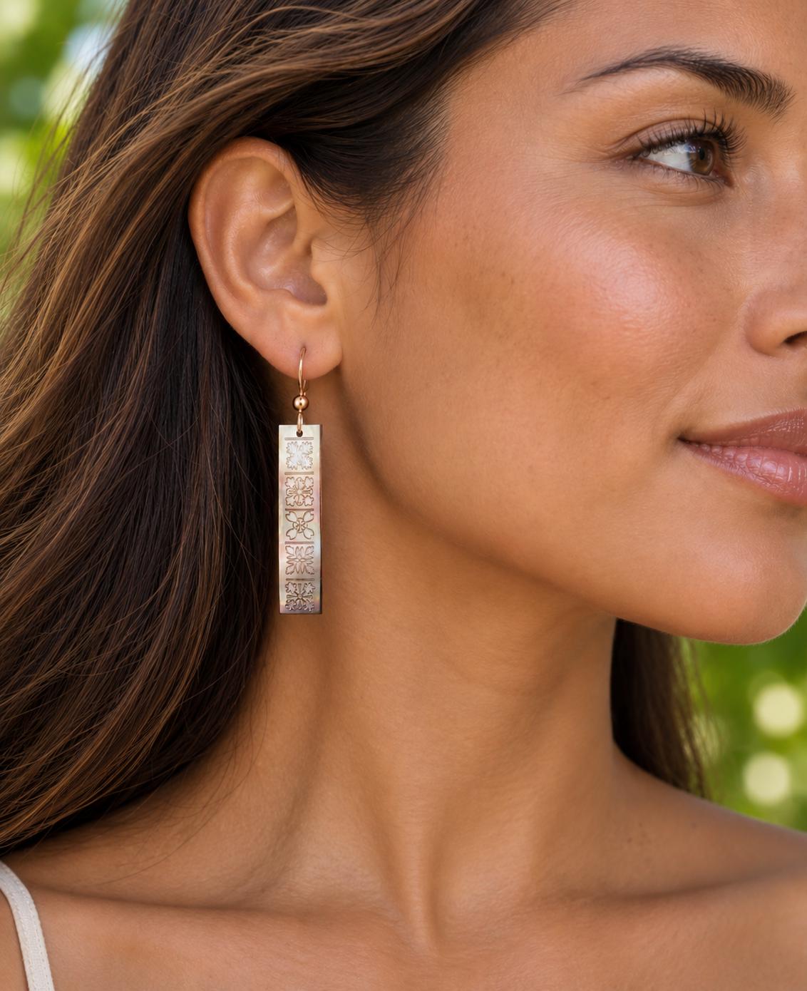 Hand Carved Mother of Pearl Quilt Earrings • Hawaiian Jewelry