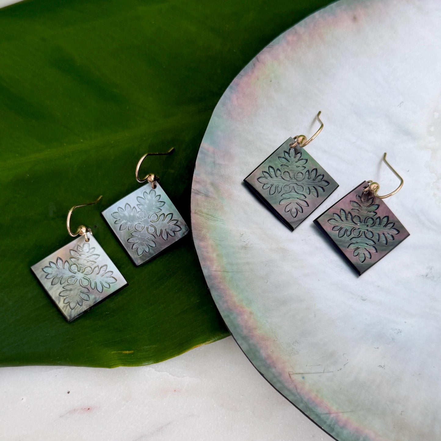 Ulu Quilt Earrings • Hawaiian Jewelry • Hand carved Mother of Pearl Shell