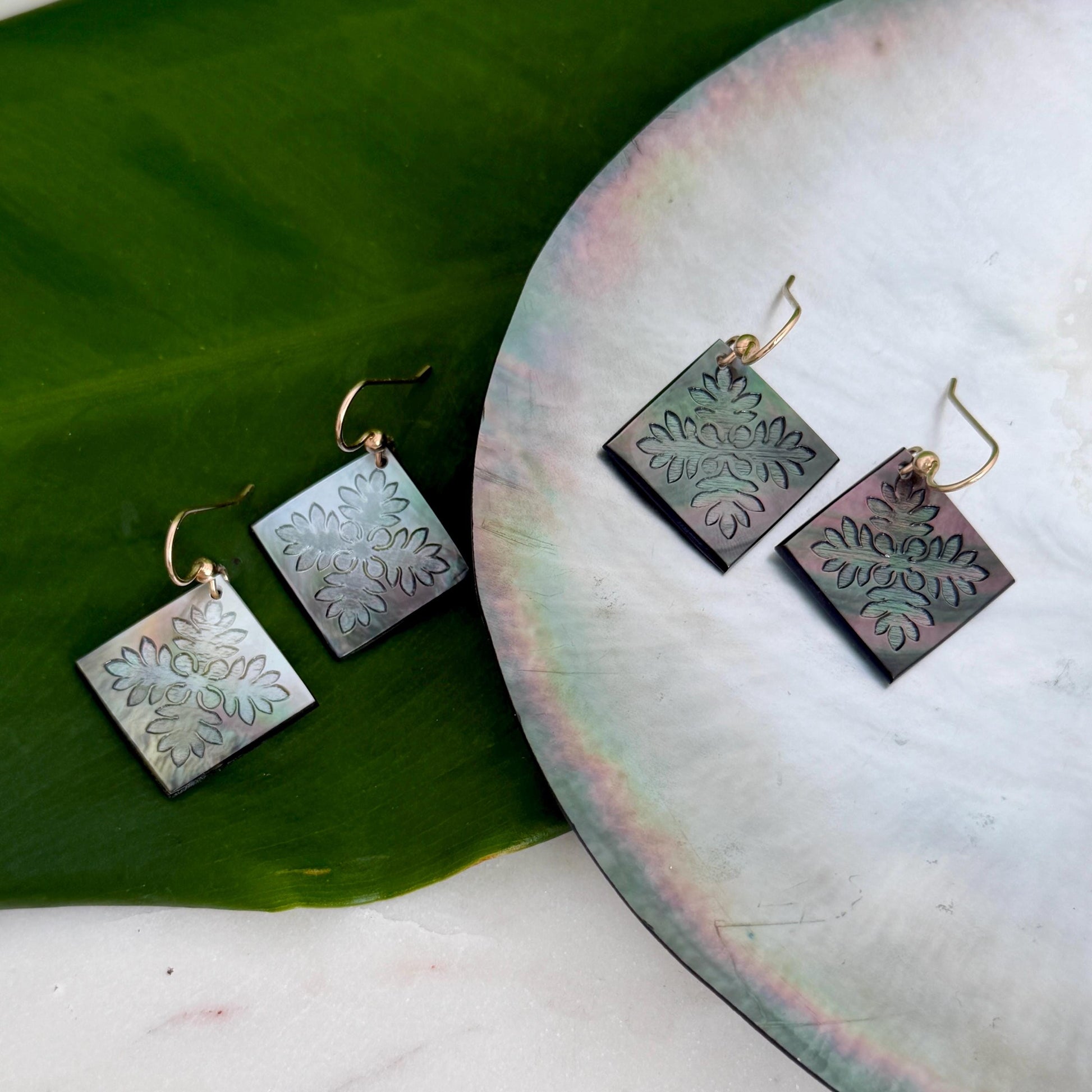 Ulu Quilt Earrings • Hawaiian Jewelry • Hand carved Mother of Pearl Shell