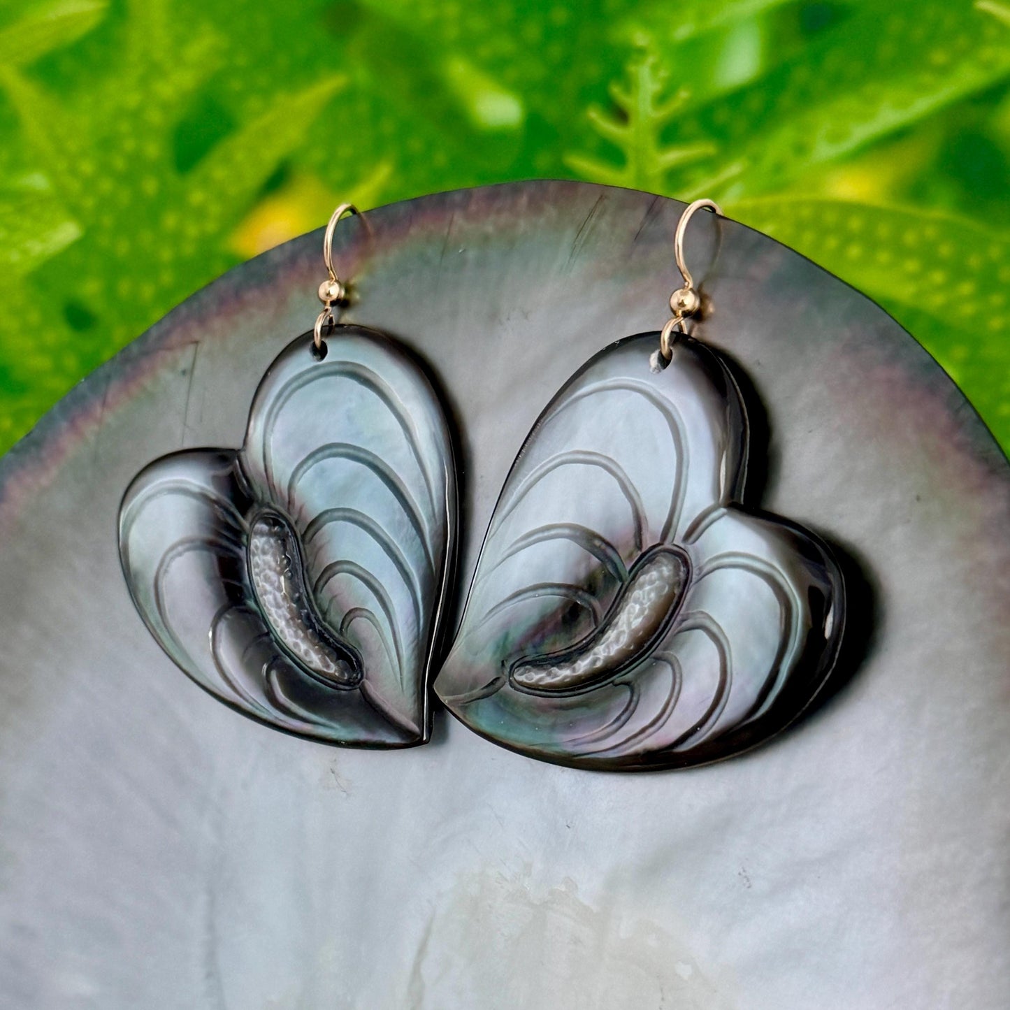 Anthurium Mother of Pearl Earrings • Hawaiian Flower Jewelry