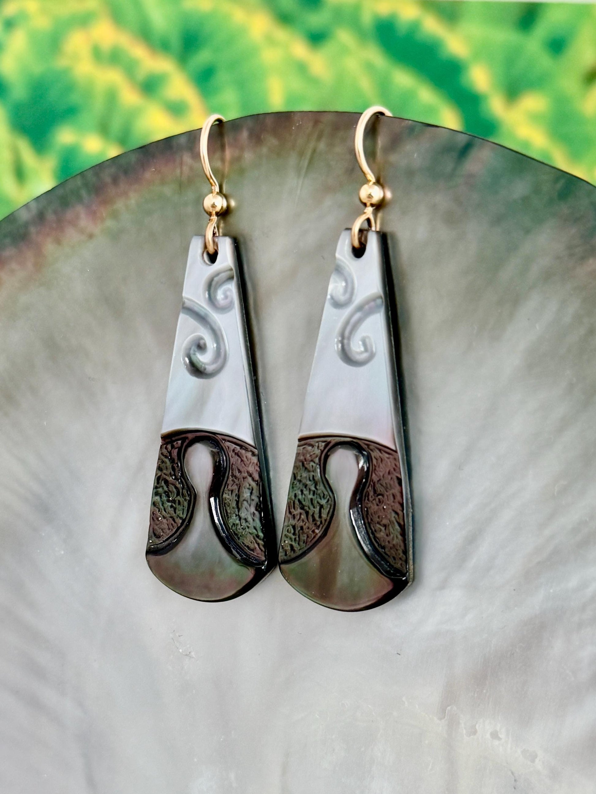 Poi Pounder Earrings • Hand carved Mother of Pearl shell • Gold filled or Sterling silver