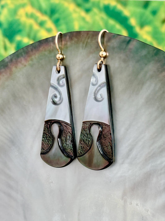 Poi Pounder Earrings • Hand carved Mother of Pearl shell • Gold filled or Sterling silver