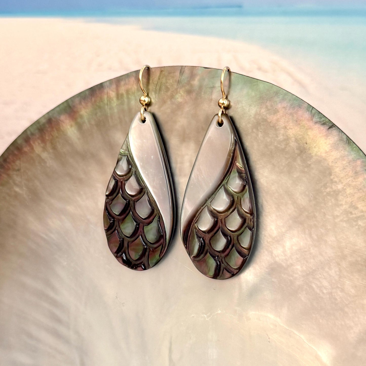 Hand Carved Mother of Pearl Tiare Earrings • Hawaiian Jewelry