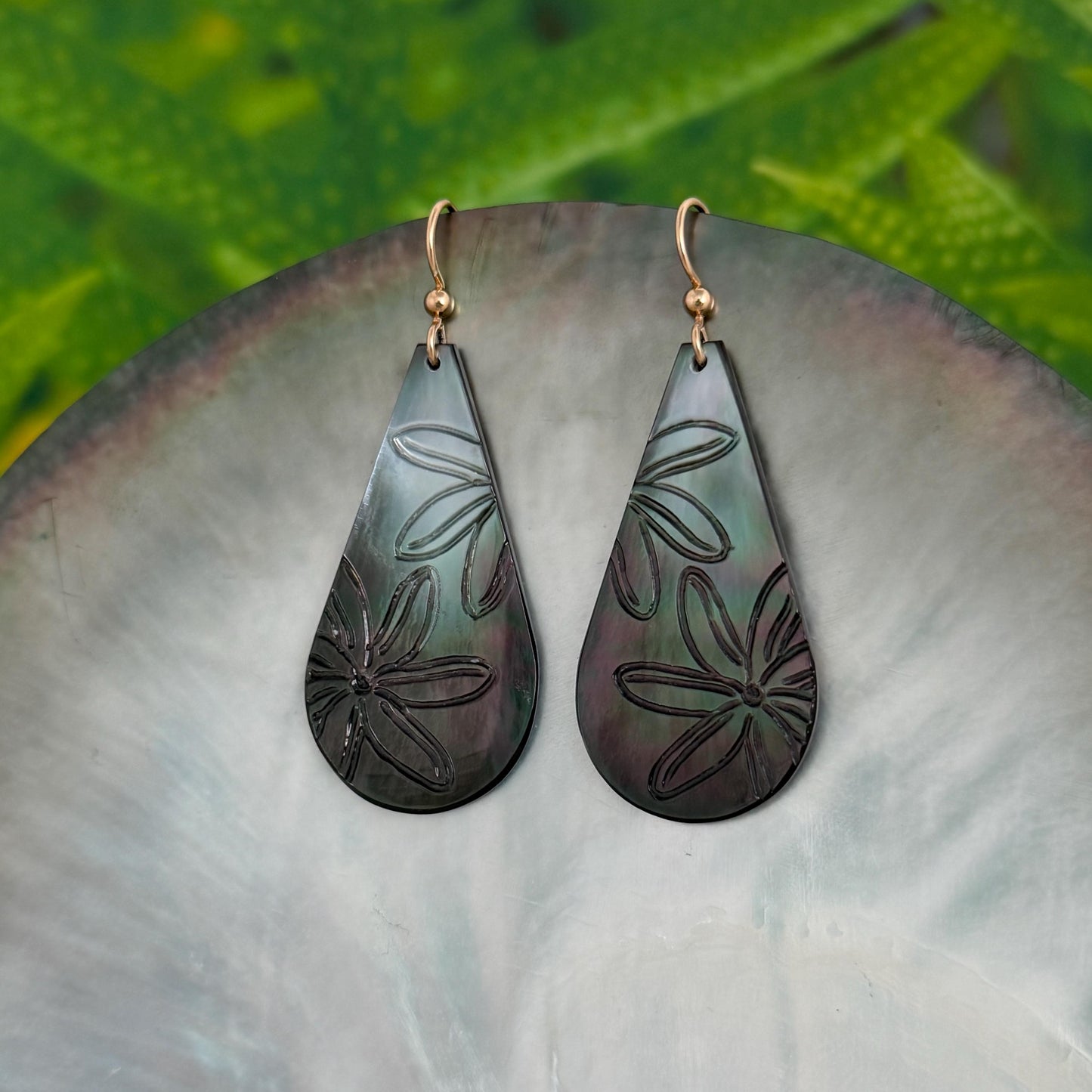 Hand Carved Mother of Pearl Tiare Earrings • Hawaiian Jewelry