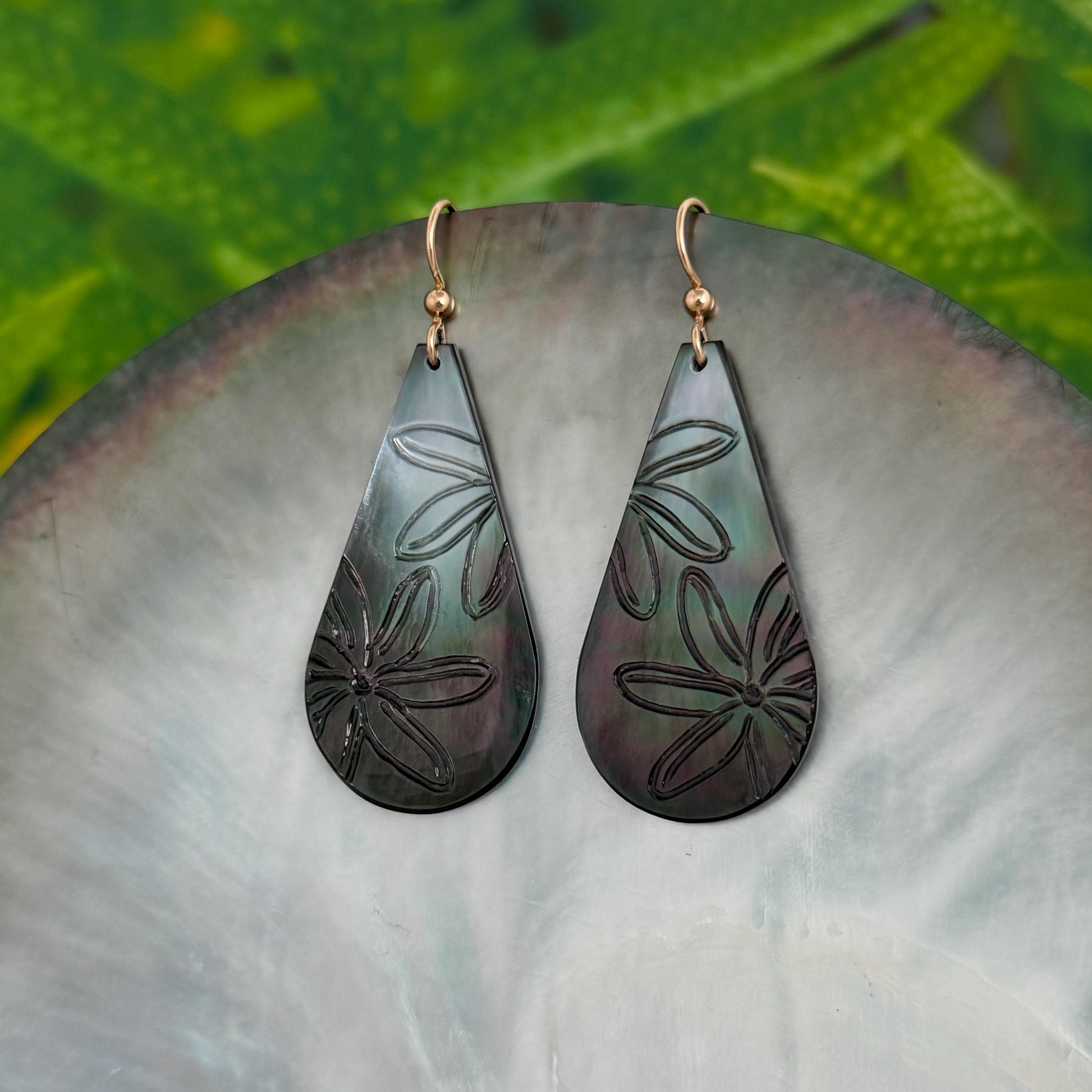 Hand Carved Mother of Pearl Tiare Earrings • Hawaiian Jewelry