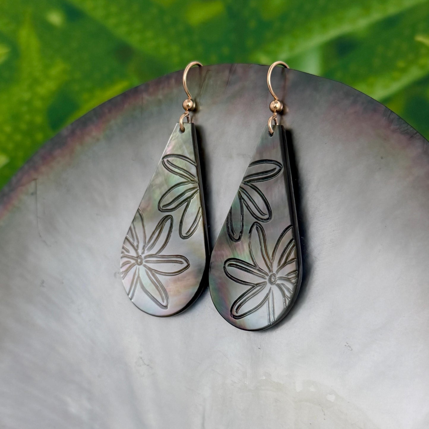 Hand Carved Mother of Pearl Tiare Earrings • Hawaiian Jewelry