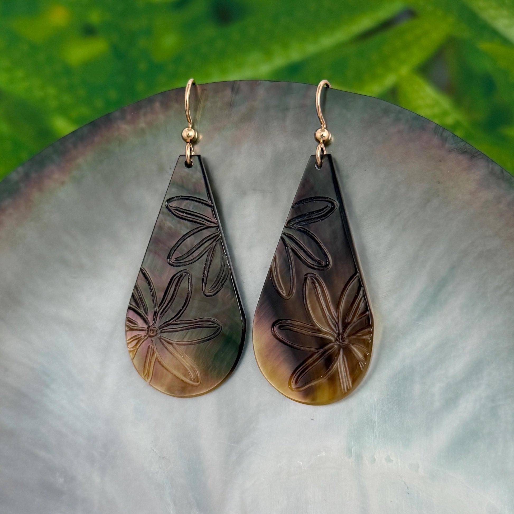 Hand Carved Mother of Pearl Tiare Earrings • Hawaiian Jewelry