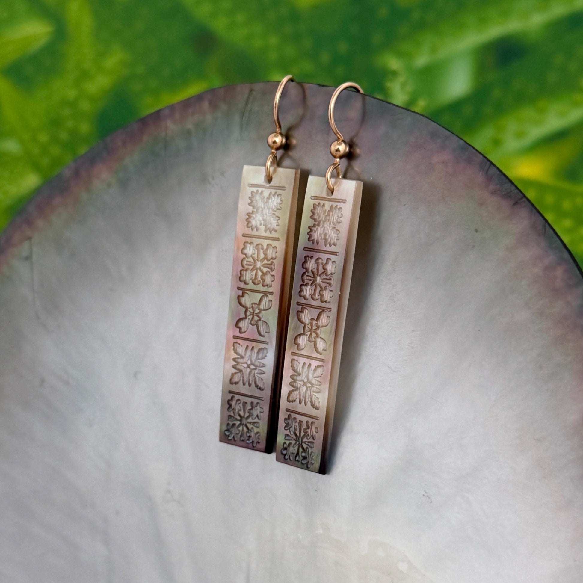 Hand Carved Mother of Pearl Quilt Earrings • Hawaiian Jewelry