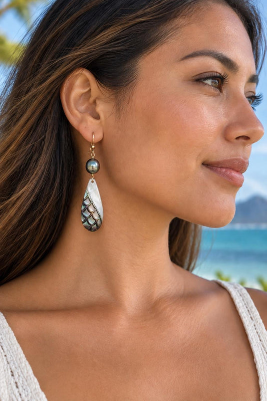 Mermaid Earrings with Tahitian pearls • Hawaiian Jewelry • Hand carved mother of pearl shell