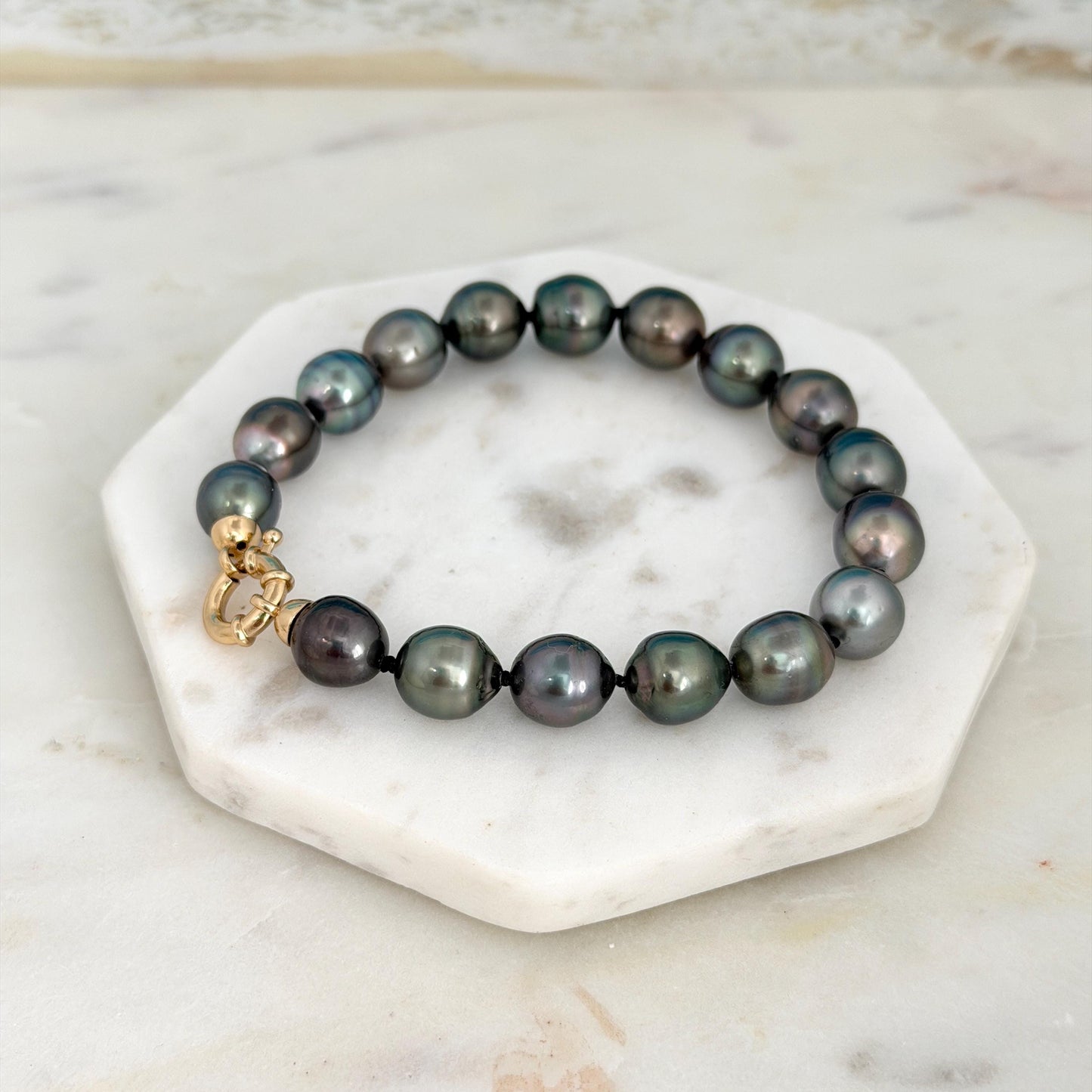 Tahitian Pearl Bracelet • 10.3-10.9mm Tahitian Black Pearls • Peacock Pearl Strand • 14K Gold Vermeil Clasp