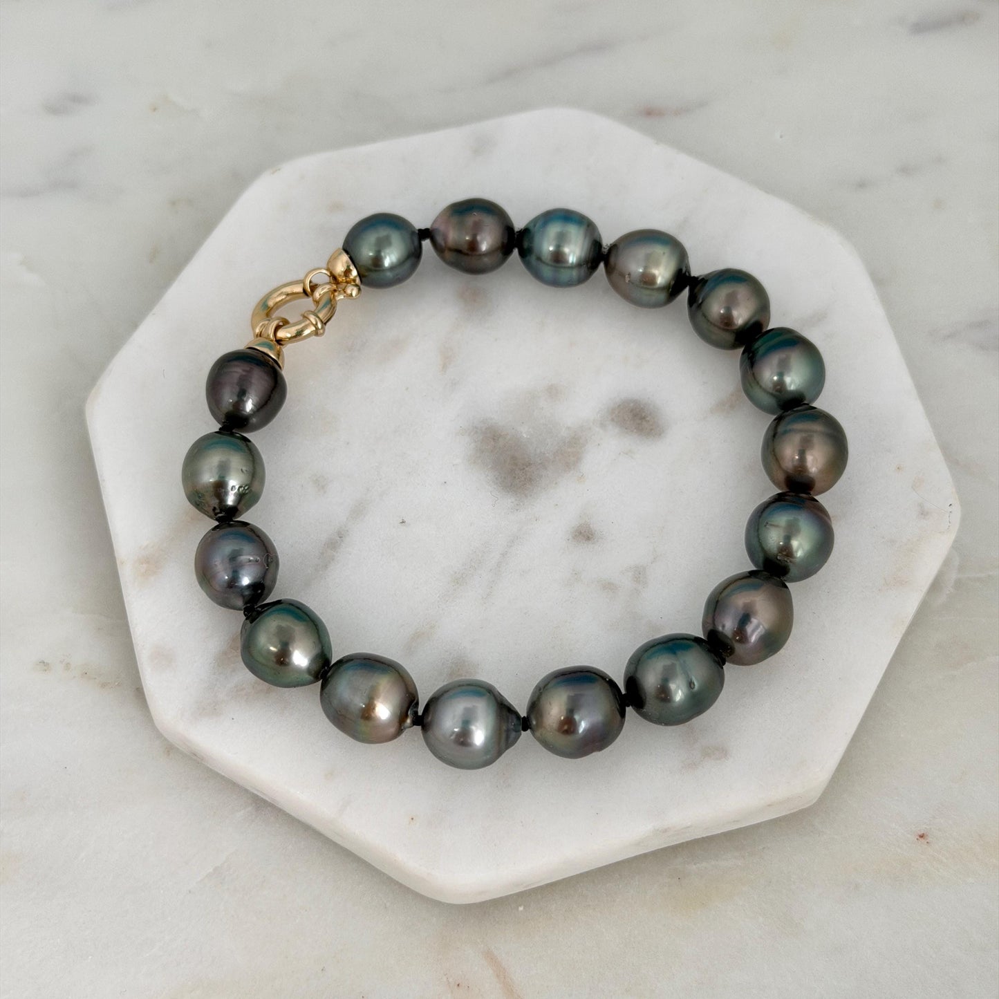 Tahitian Pearl Bracelet • 10.3-10.9mm Tahitian Black Pearls • Peacock Pearl Strand • 14K Gold Vermeil Clasp