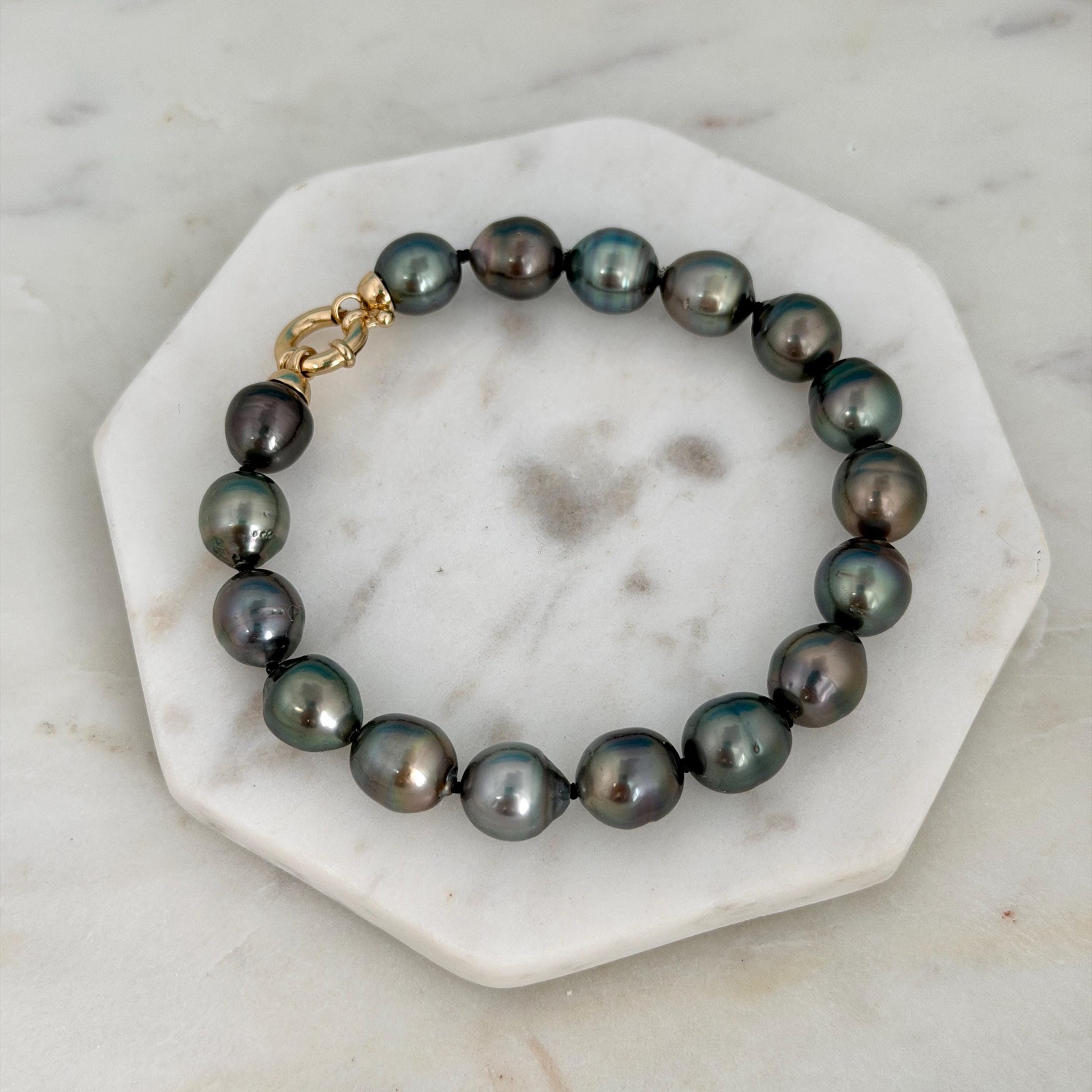 Tahitian Pearl Bracelet • 10.3-10.9mm Tahitian Black Pearls • Peacock Pearl Strand • 14K Gold Vermeil Clasp