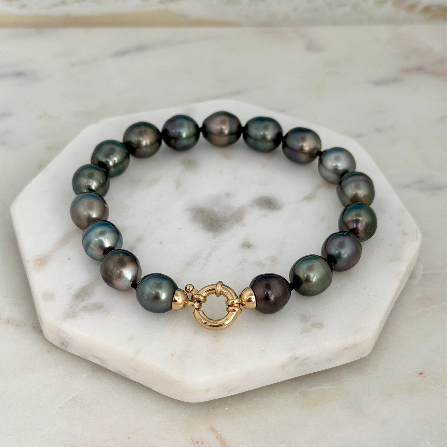 Tahitian Pearl Bracelet • 10.3-10.9mm Tahitian Black Pearls • Peacock Pearl Strand • 14K Gold Vermeil Clasp