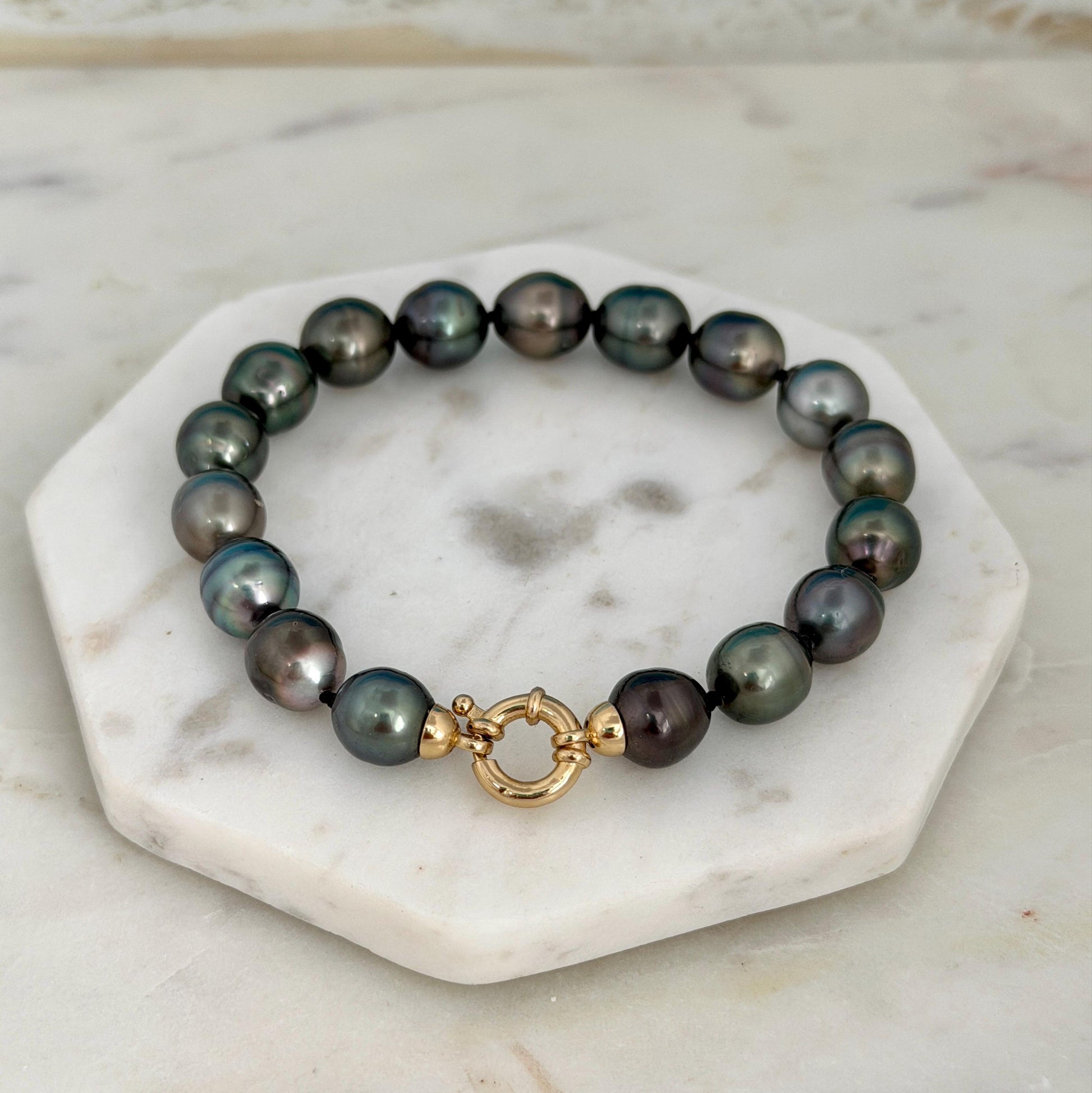 Tahitian Pearl Bracelet • 10.3-10.9mm Tahitian Black Pearls • Peacock Pearl Strand • 14K Gold Vermeil Clasp