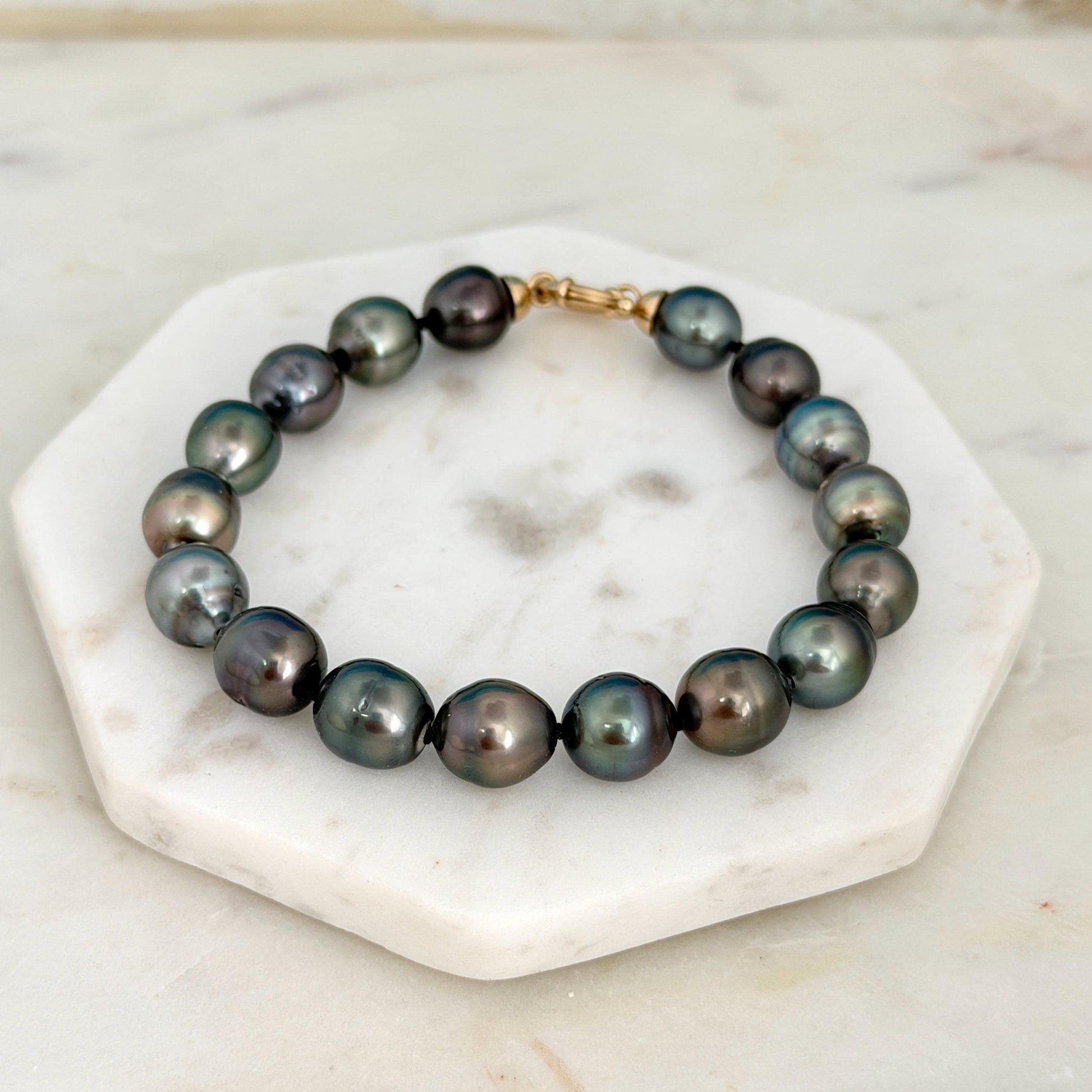 Tahitian Pearl Bracelet • 10.3-10.9mm Tahitian Black Pearls • Peacock Pearl Strand • 14K Gold Vermeil Clasp