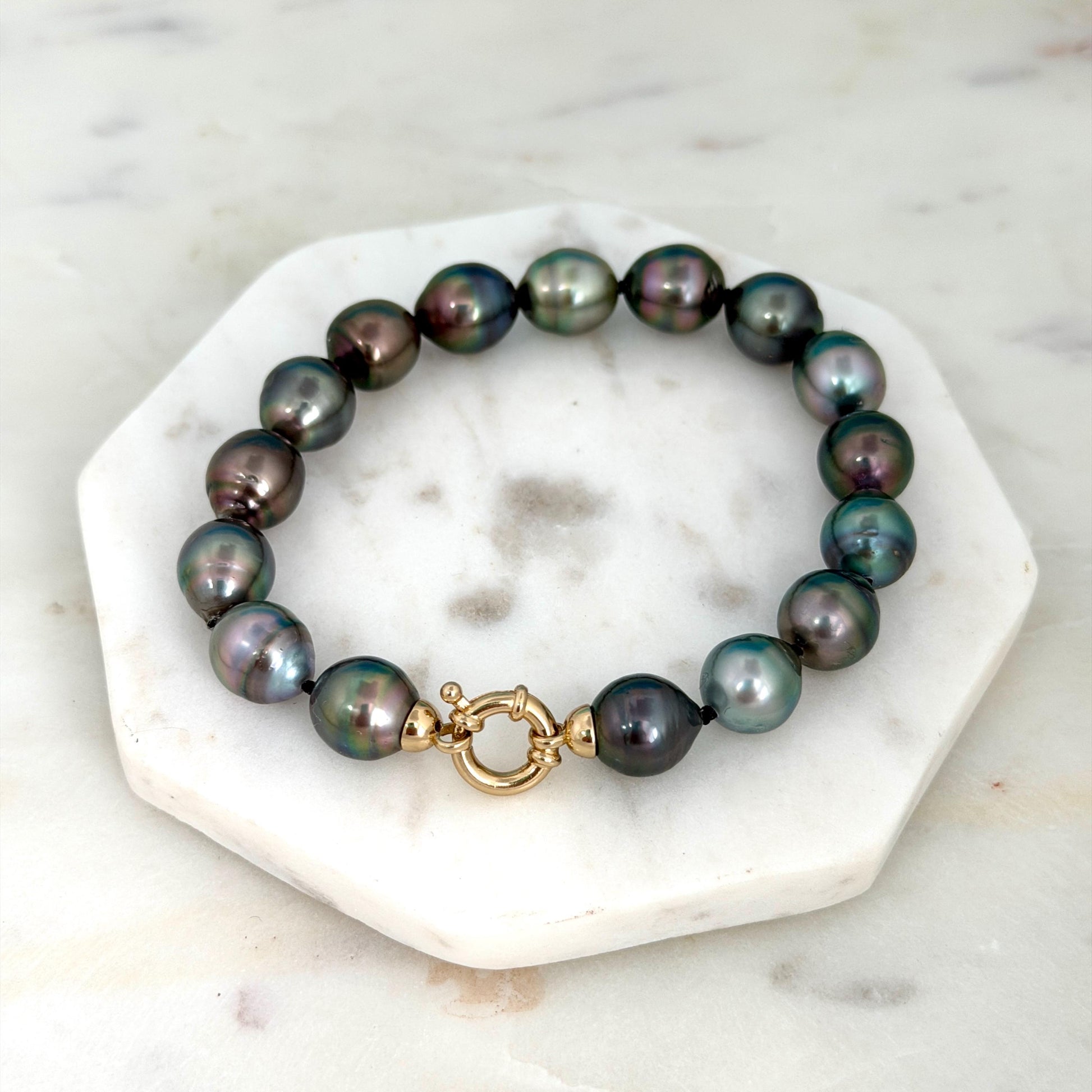 Tahitian Pearl Bracelet • 9.8-10.5mm Tahitian Black Pearls • Peacock Pearl Strand • 14K Gold Vermeil Clasp
