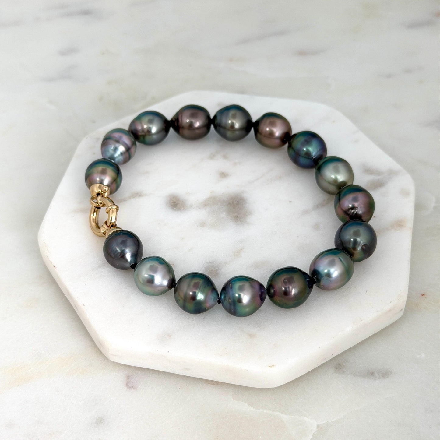 Tahitian Pearl Bracelet • 9.8-10.5mm Tahitian Black Pearls • Peacock Pearl Strand • 14K Gold Vermeil Clasp