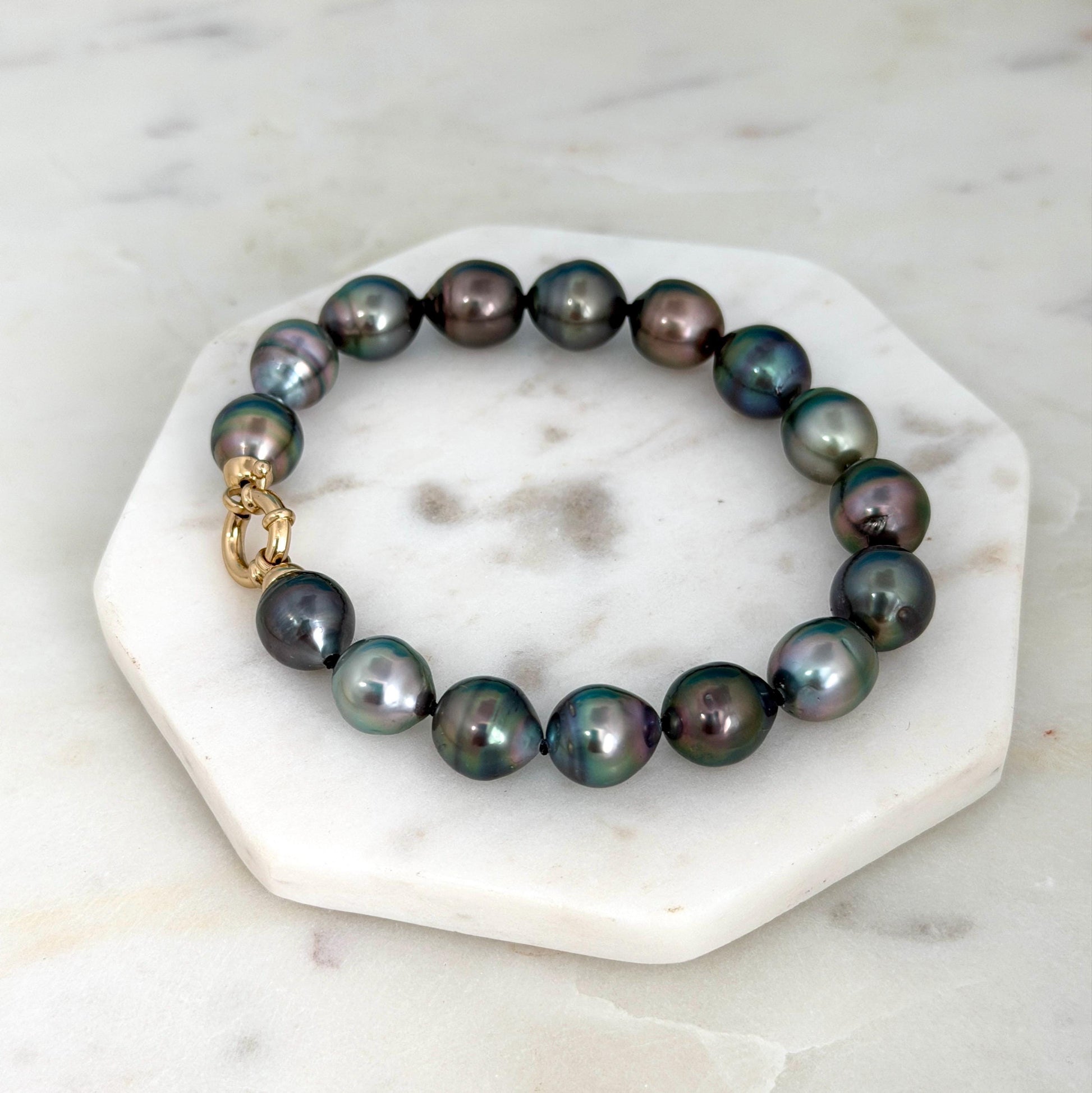 Tahitian Pearl Bracelet • 9.8-10.5mm Tahitian Black Pearls • Peacock Pearl Strand • 14K Gold Vermeil Clasp
