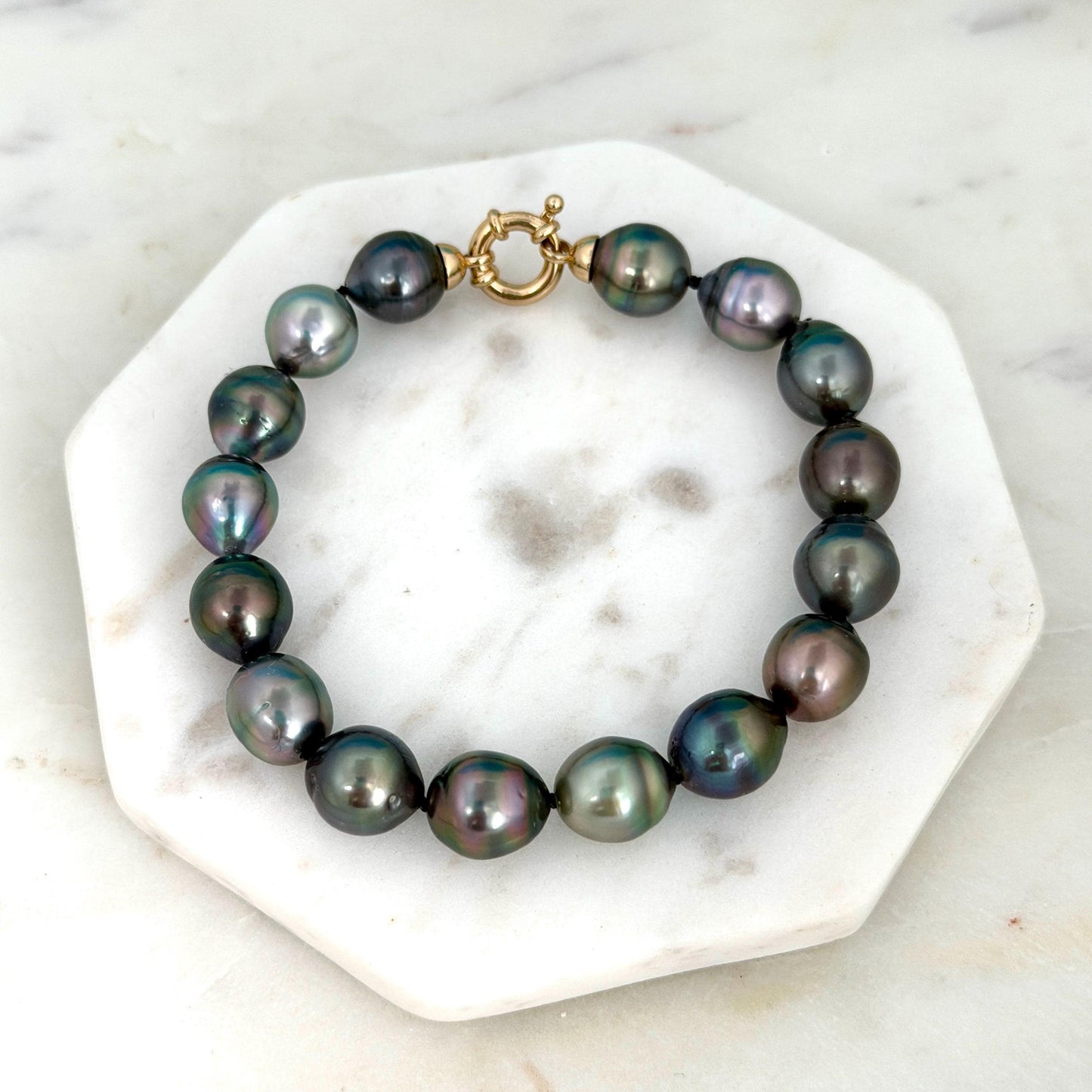 Tahitian Pearl Bracelet • 9.8-10.5mm Tahitian Black Pearls • Peacock Pearl Strand • 14K Gold Vermeil Clasp