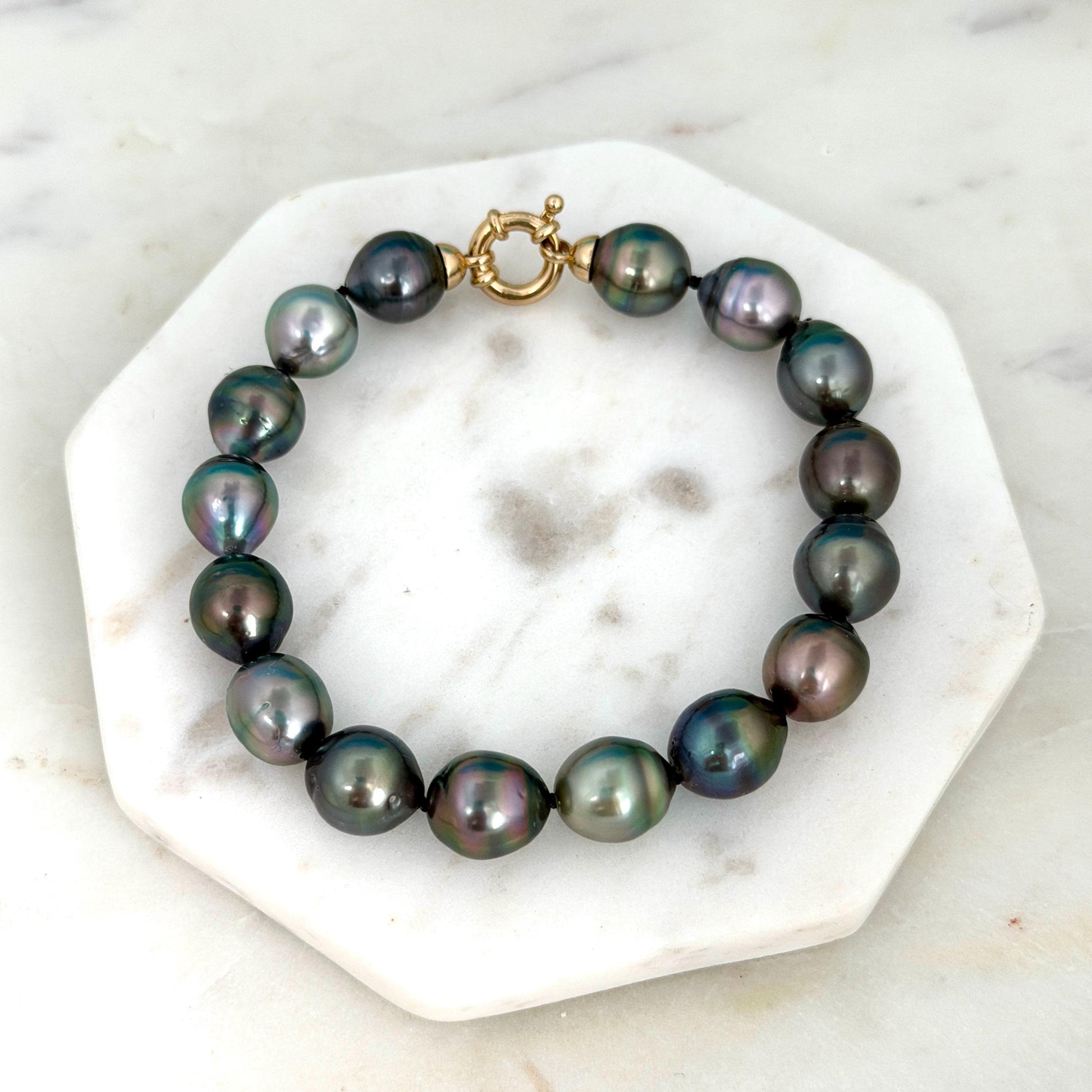 Tahitian Pearl Bracelet • 9.8-10.5mm Tahitian Black Pearls • Peacock Pearl Strand • 14K Gold Vermeil Clasp