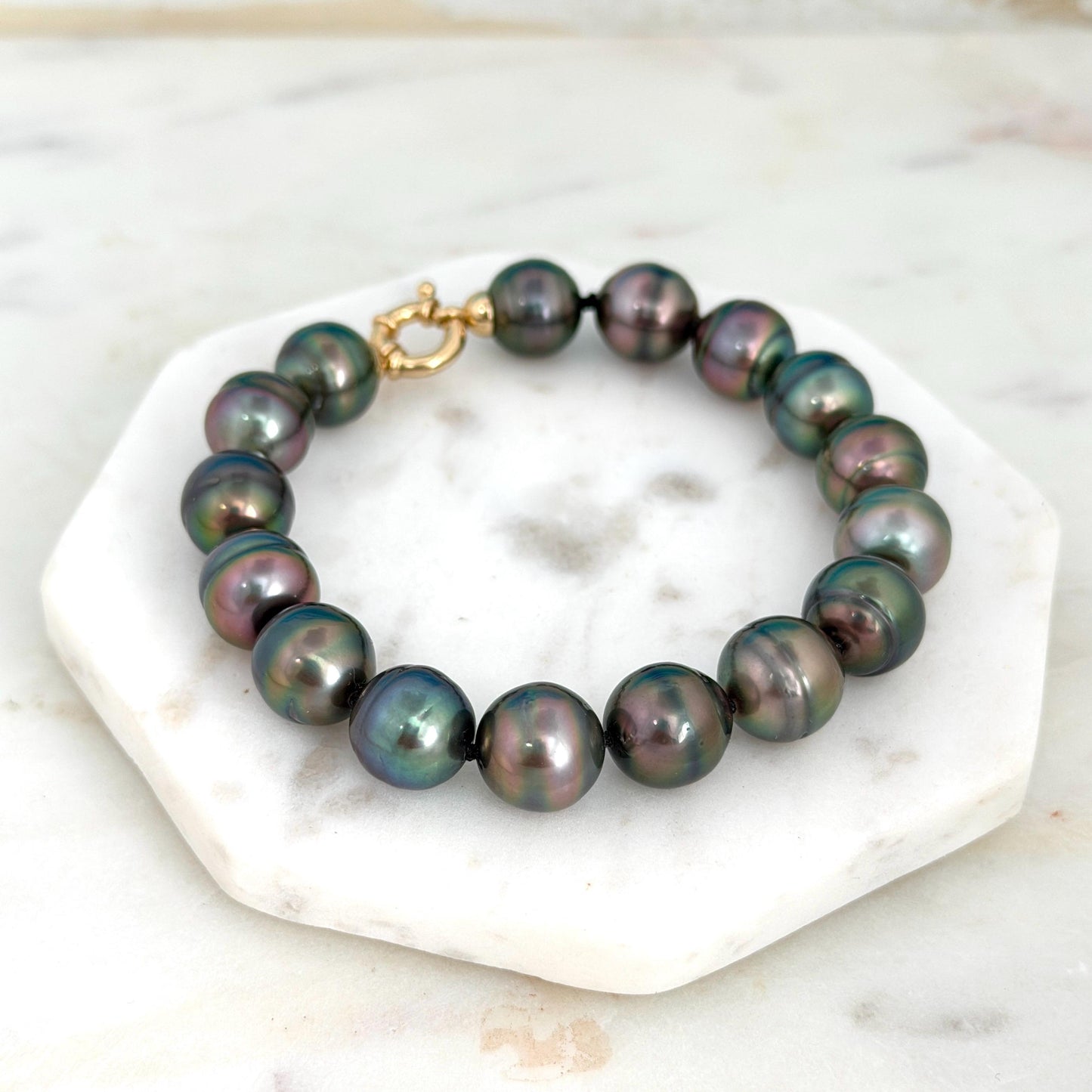 Tahitian Pearl Bracelet • gold vermeil clasp • PEACOCK colors • multicolor strand