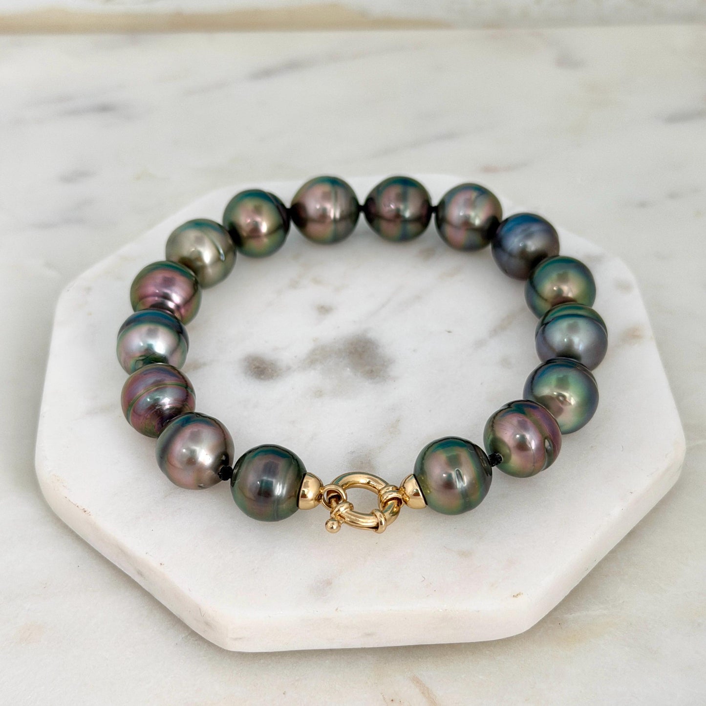 Tahitian Pearl Bracelet • gold vermeil clasp • PEACOCK colors • multicolor strand