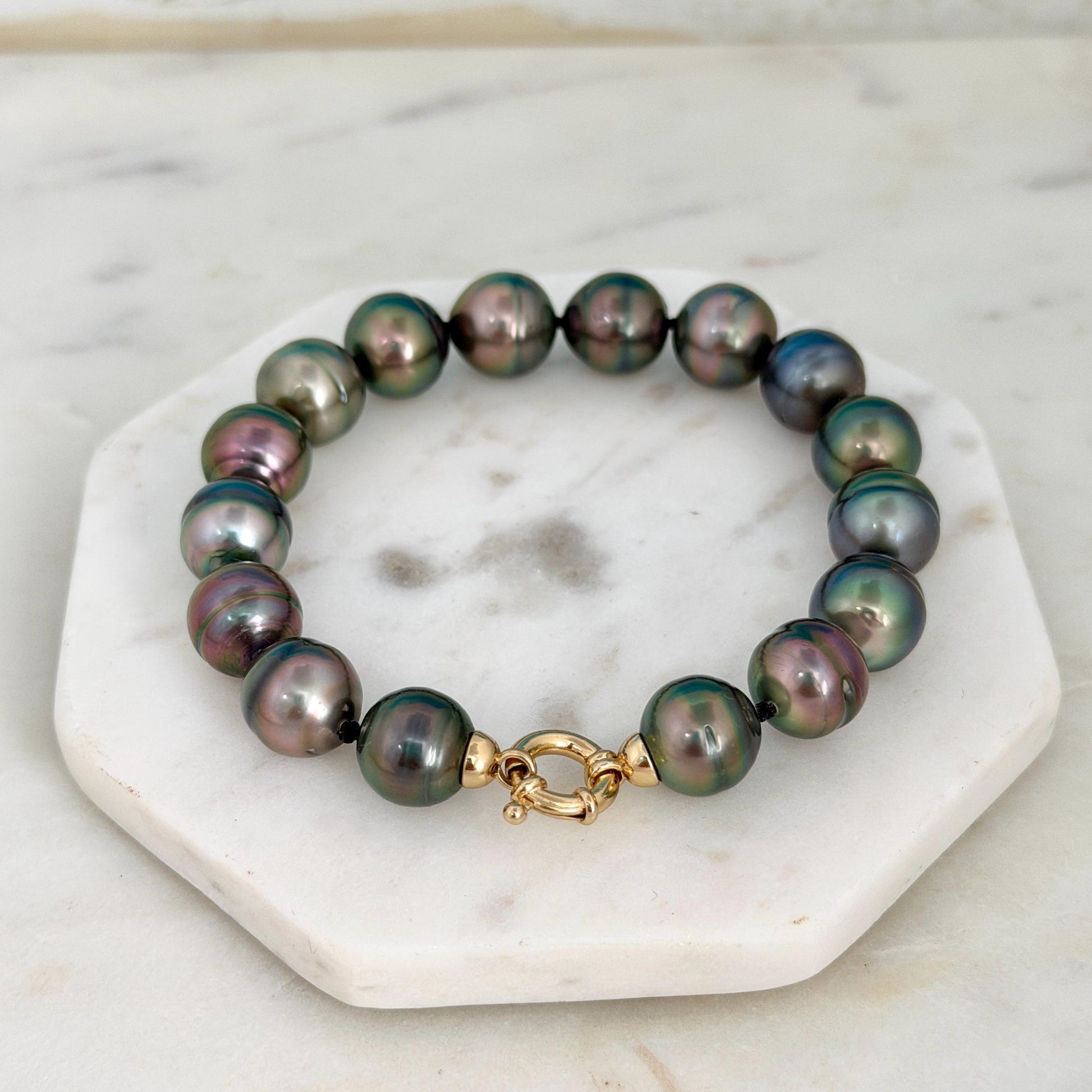 Tahitian Pearl Bracelet • gold vermeil clasp • PEACOCK colors • multicolor strand