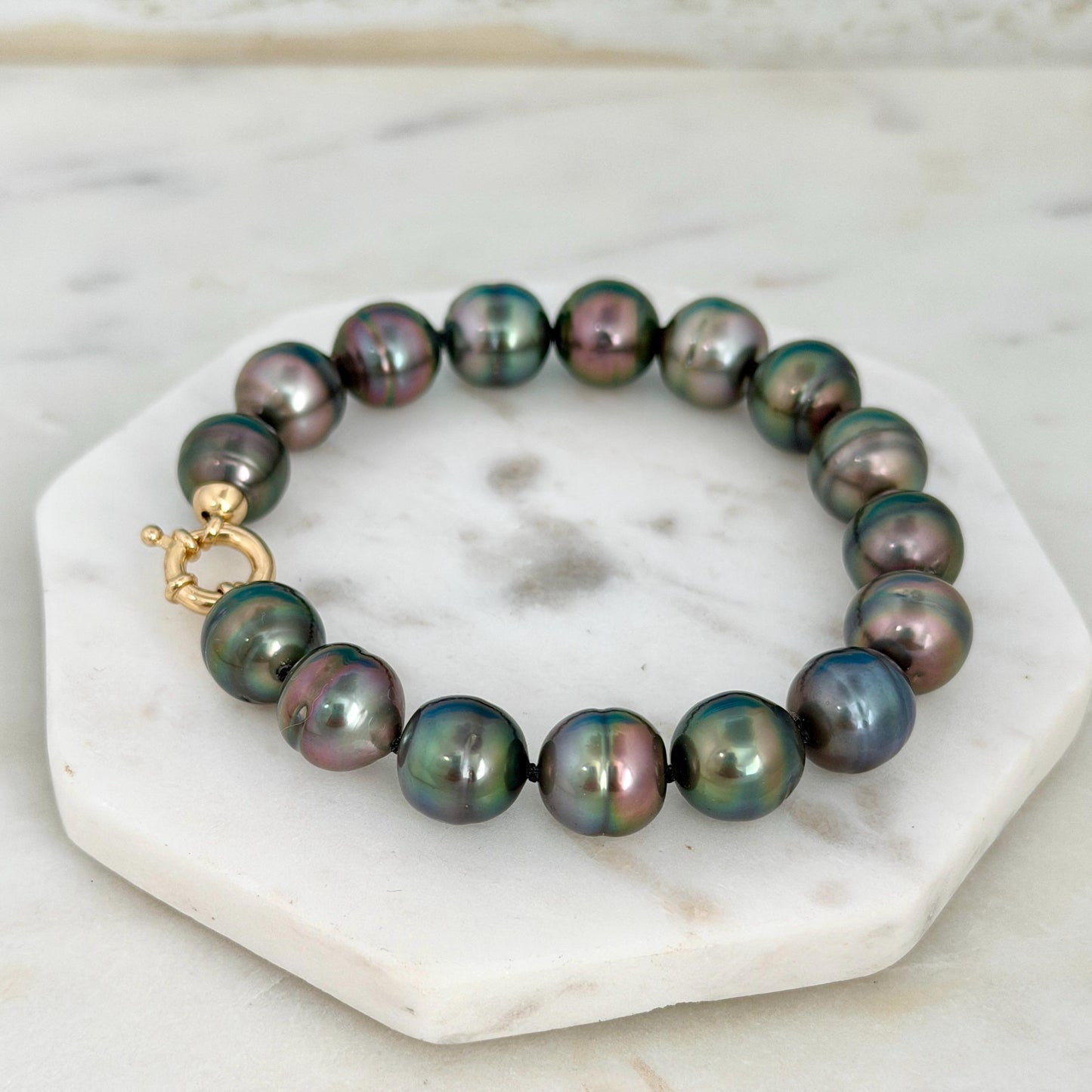 Tahitian Pearl Bracelet • gold vermeil clasp • PEACOCK colors • multicolor strand