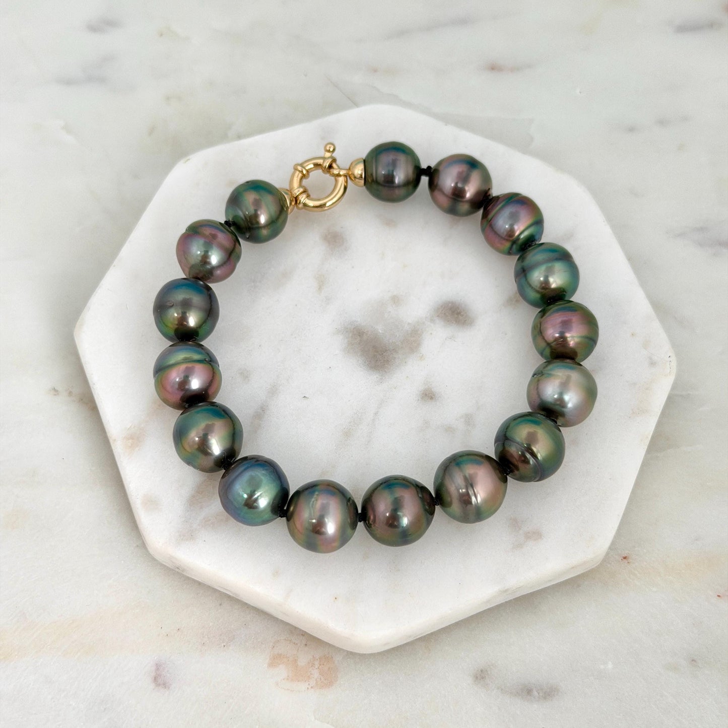 Tahitian Pearl Bracelet • gold vermeil clasp • PEACOCK colors • multicolor strand