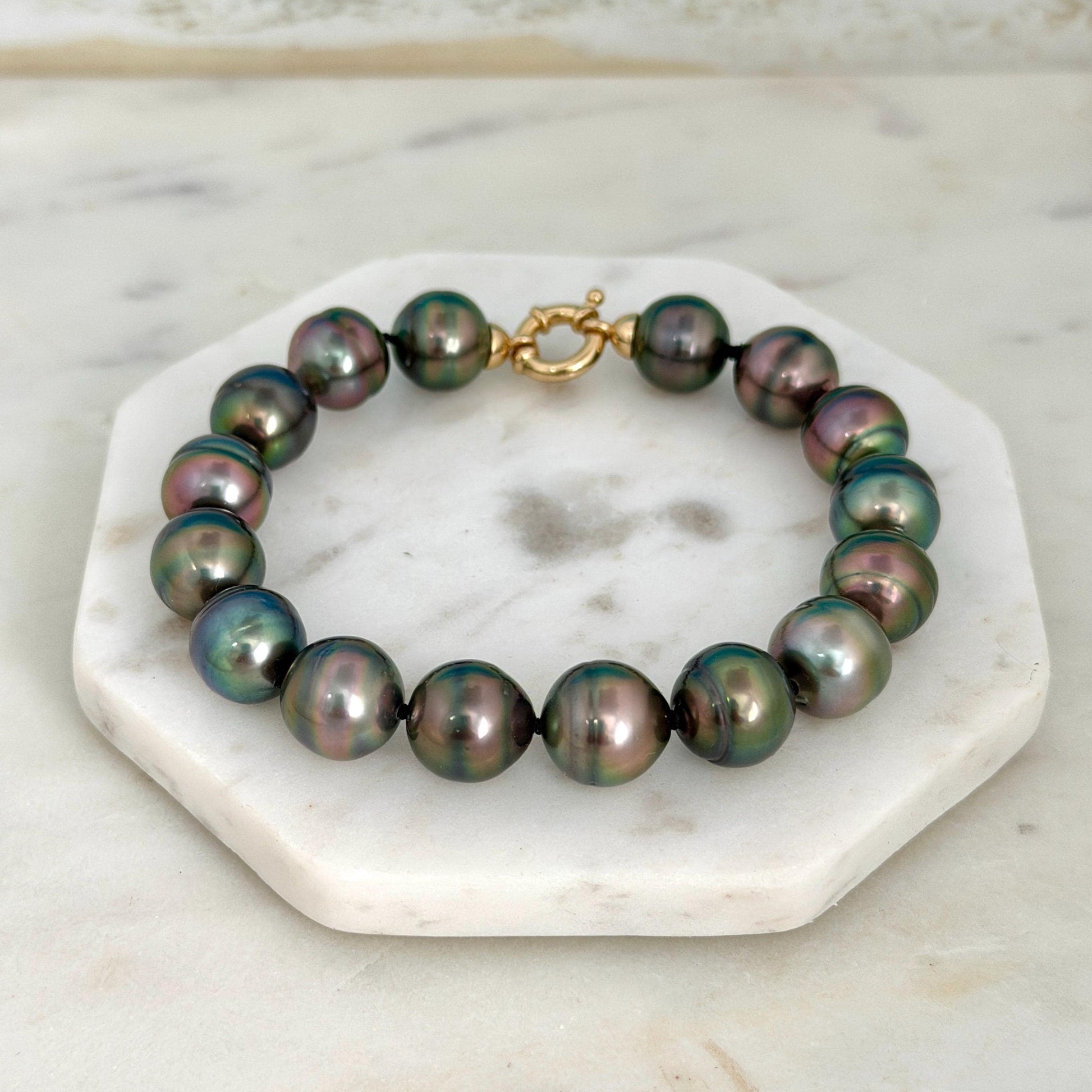 Tahitian Pearl Bracelet • gold vermeil clasp • PEACOCK colors • multicolor strand