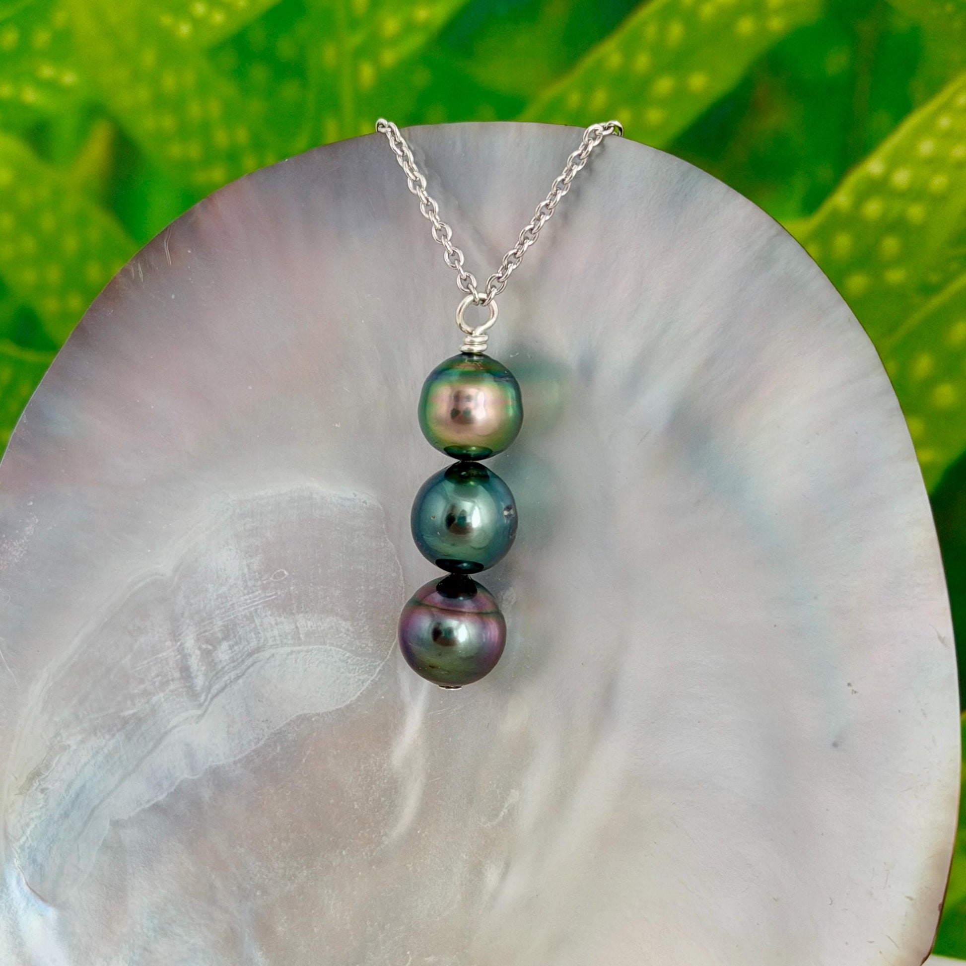 Tahitian Pearl Necklace • Triple • vertical bar • Blue, Peacock, Aubergine color • Sterling silver