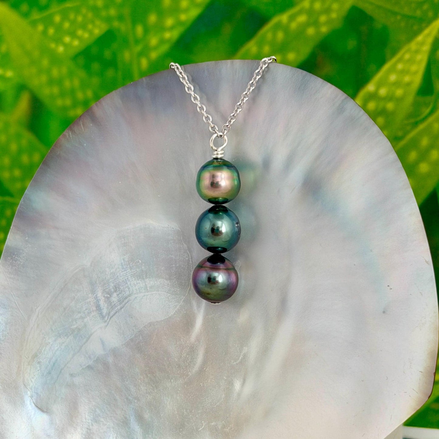 Tahitian Pearl Necklace • Triple • vertical bar • Blue, Peacock, Aubergine color • Sterling silver
