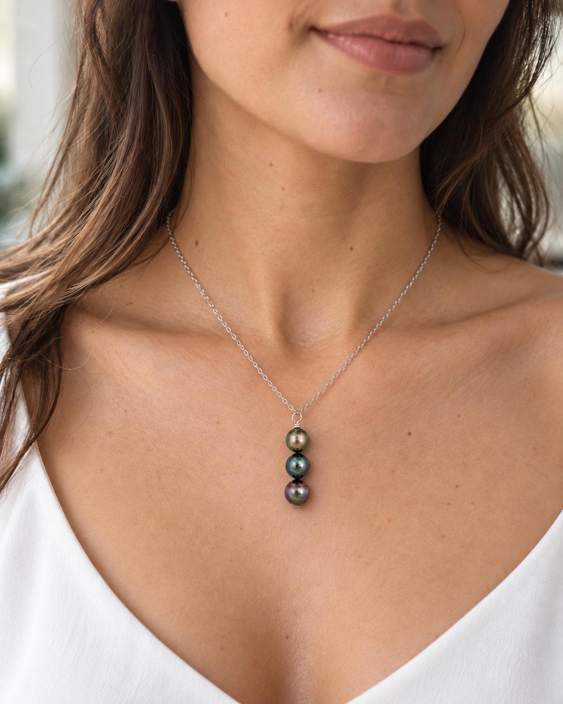 Tahitian Pearl Necklace • Triple • vertical bar • Blue, Peacock, Aubergine color • Sterling silver