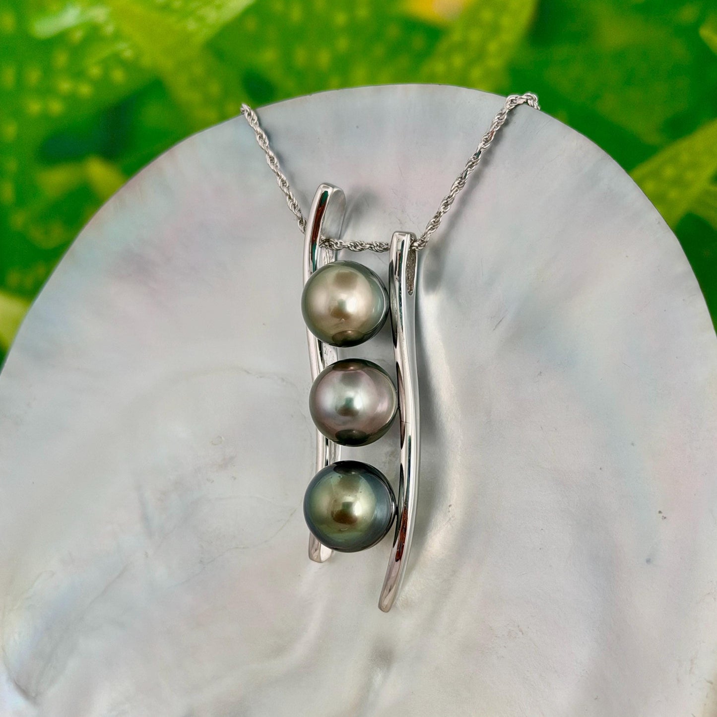 Triple Tahitian Pearl Necklace • RARE colorful pendant • Sterling silver • Golden Pistachio, Pink and Green