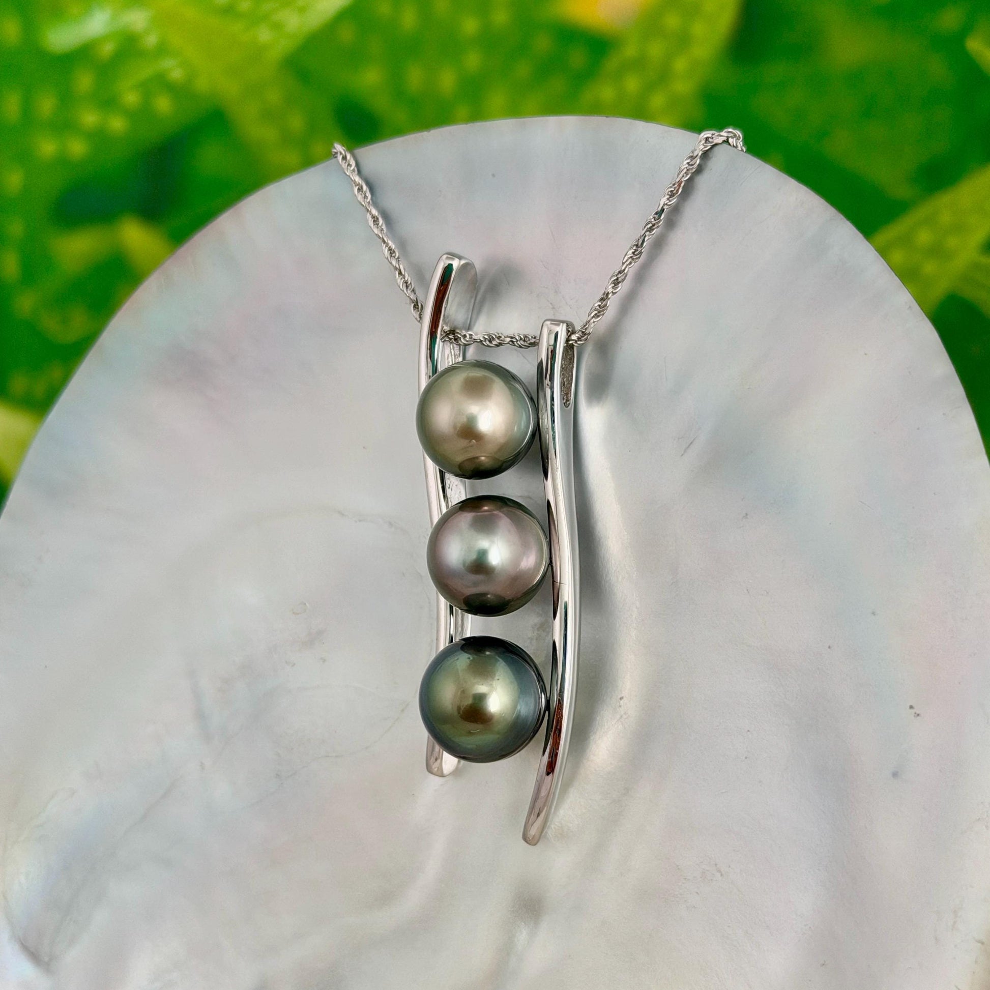 Triple Tahitian Pearl Necklace • RARE colorful pendant • Sterling silver • Golden Pistachio, Pink and Green