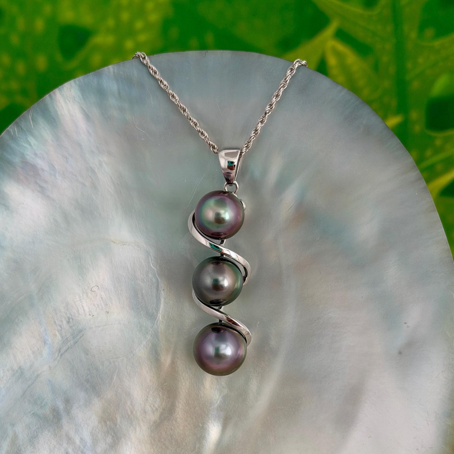 Tahitian pearl pendant • Triple drop jewelry design • Sterling silver swirl design