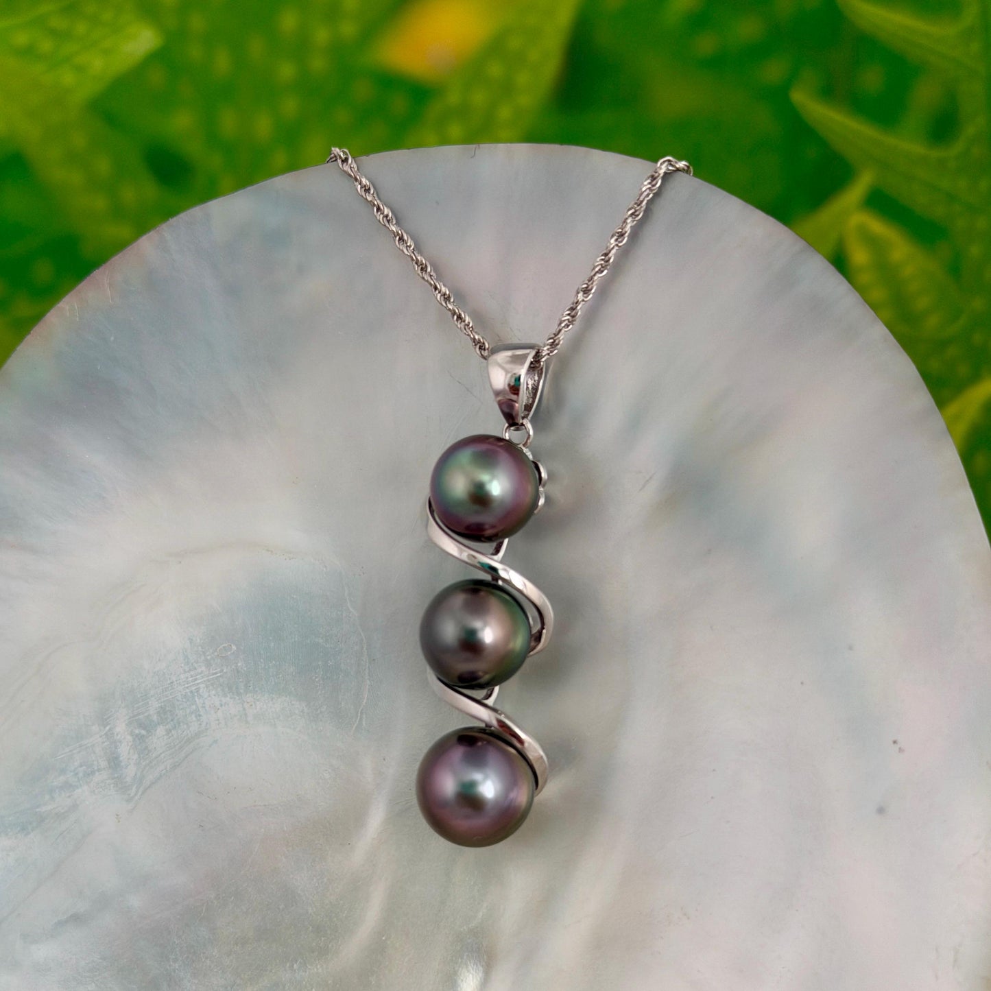 Tahitian pearl pendant • Triple drop jewelry design • Sterling silver swirl design