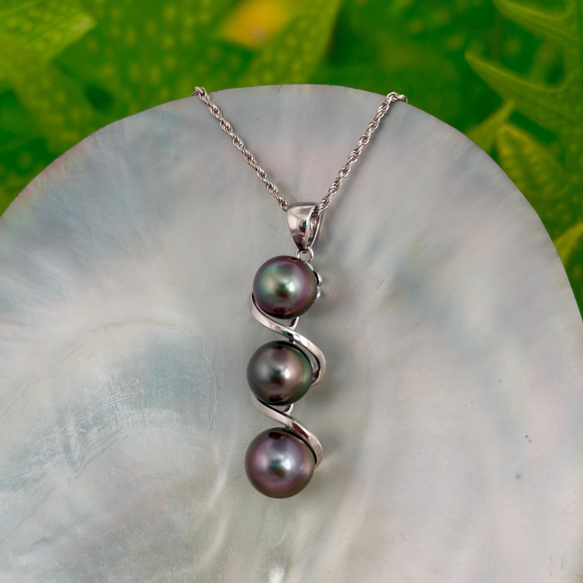 Tahitian pearl pendant • Triple drop jewelry design • Sterling silver swirl design