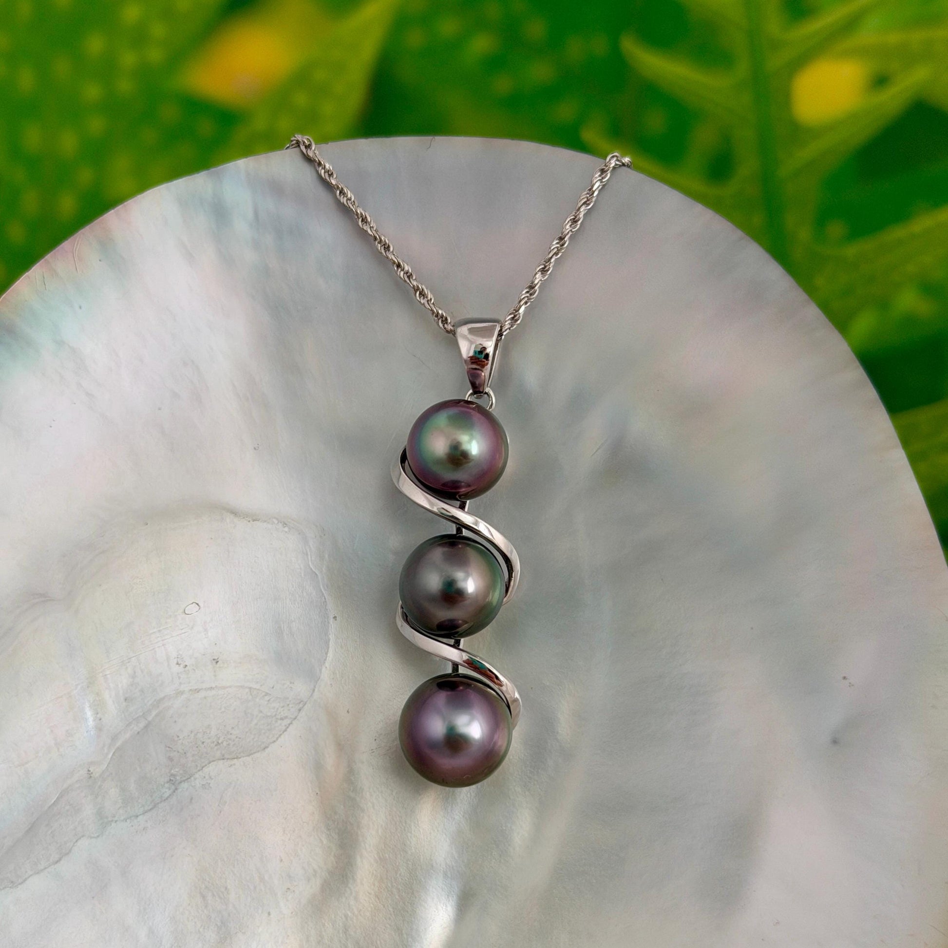 Tahitian pearl pendant • Triple drop jewelry design • Sterling silver swirl design