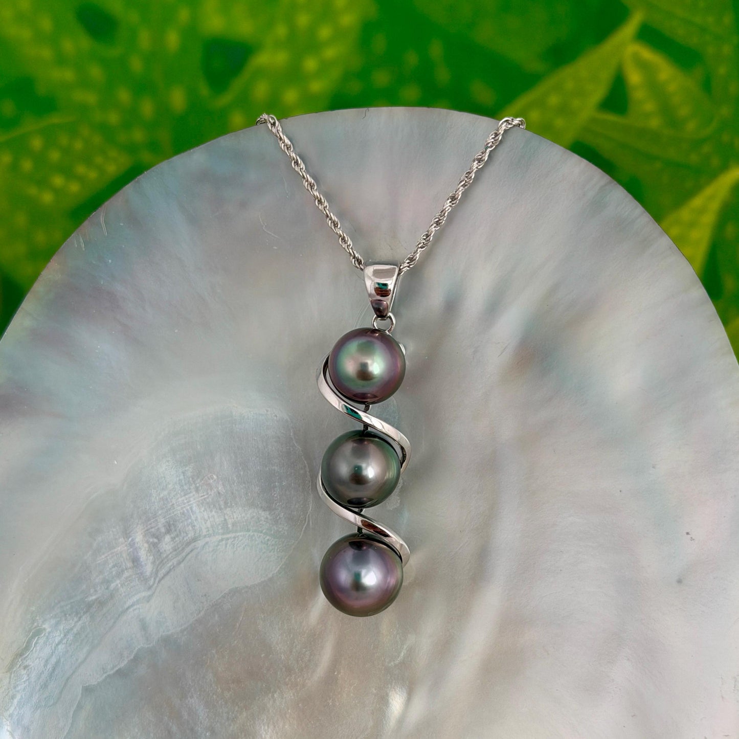 Tahitian pearl pendant • Triple drop jewelry design • Sterling silver swirl design