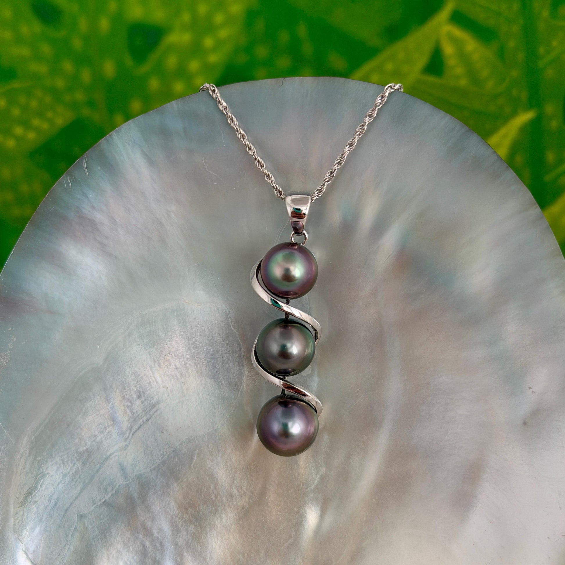 Tahitian pearl pendant • Triple drop jewelry design • Sterling silver swirl design