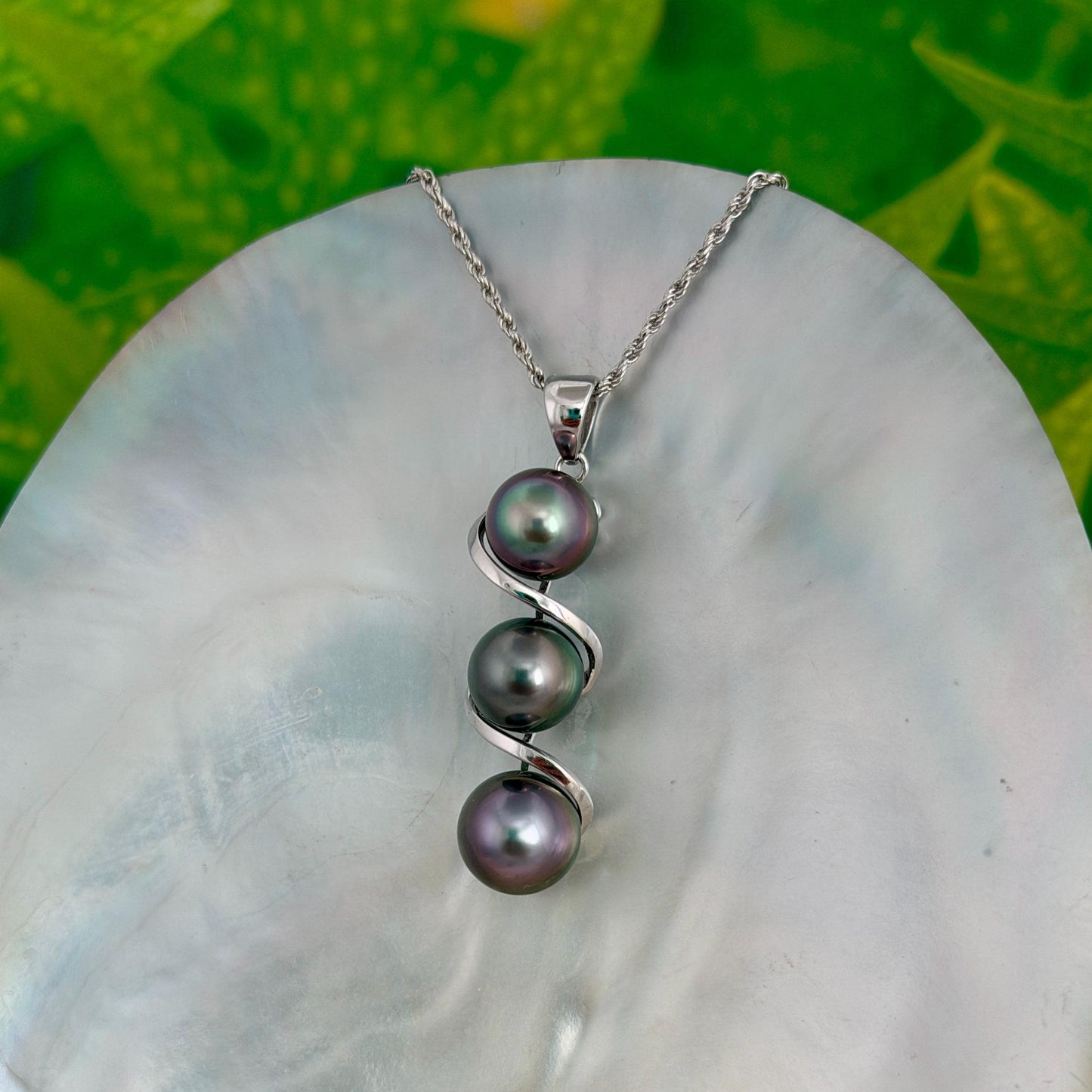 Tahitian pearl pendant • Triple drop jewelry design • Sterling silver swirl design